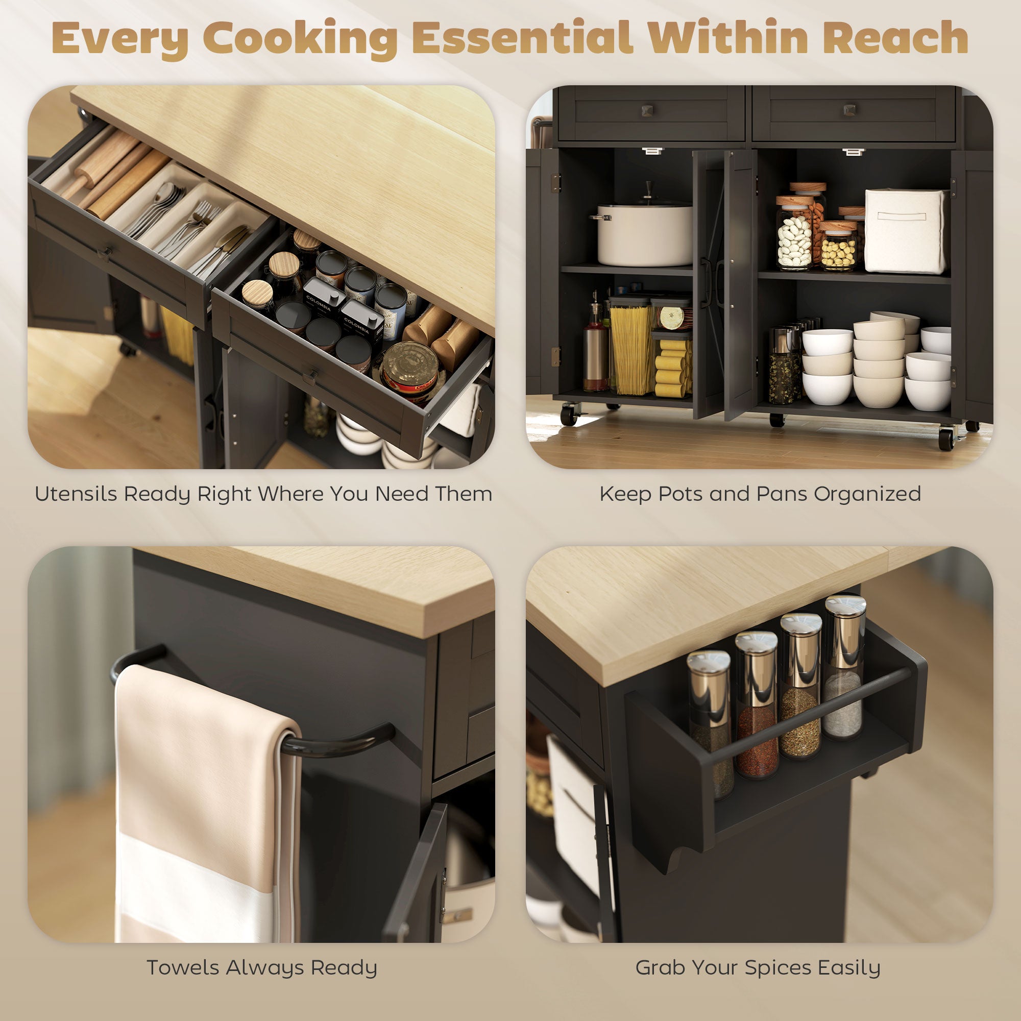 Rolling Kitchen Island with Power Outlet & Drop Leaf - Black-DECOROLALA