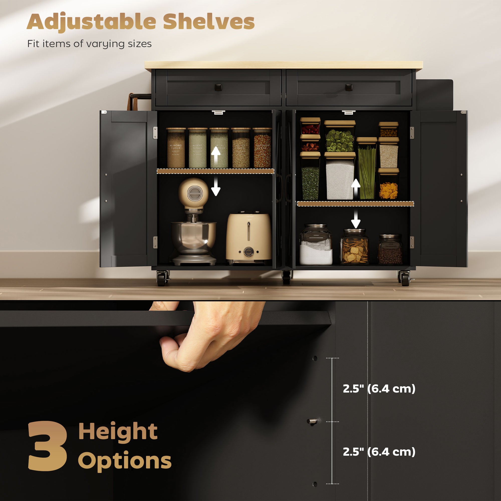 Rolling Kitchen Island with Power Outlet & Drop Leaf - Black-DECOROLALA