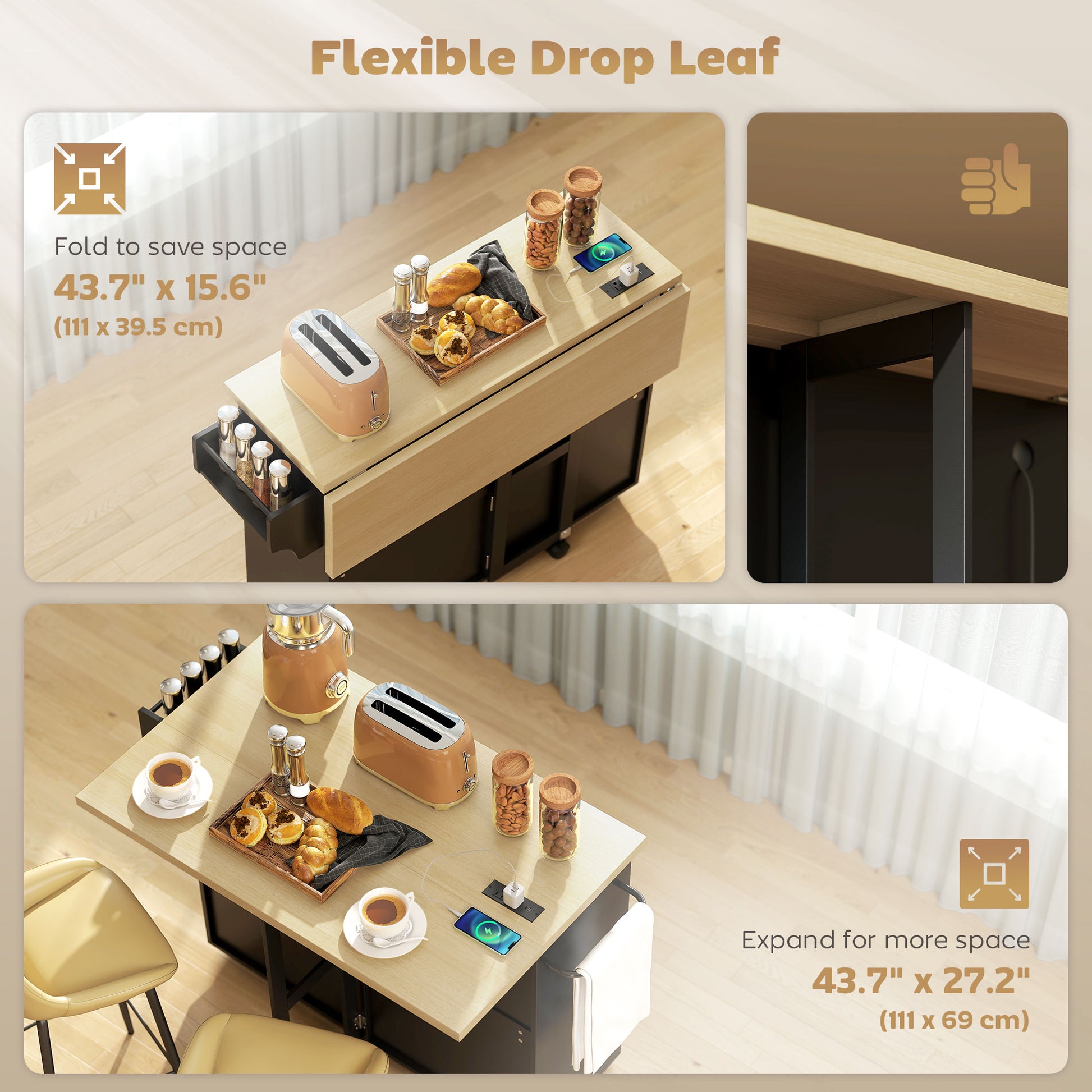 Rolling Kitchen Island with Power Outlet & Drop Leaf - Black-DECOROLALA