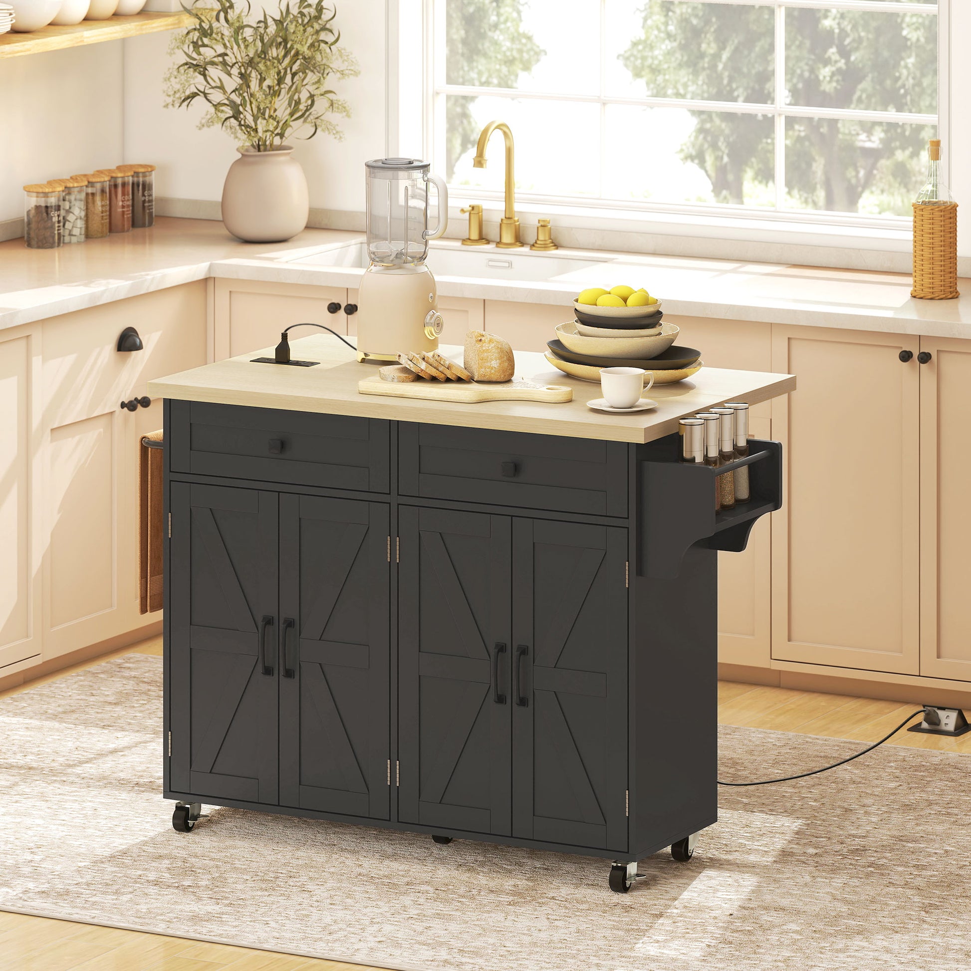 Rolling Kitchen Island with Power Outlet & Drop Leaf - Black-DECOROLALA