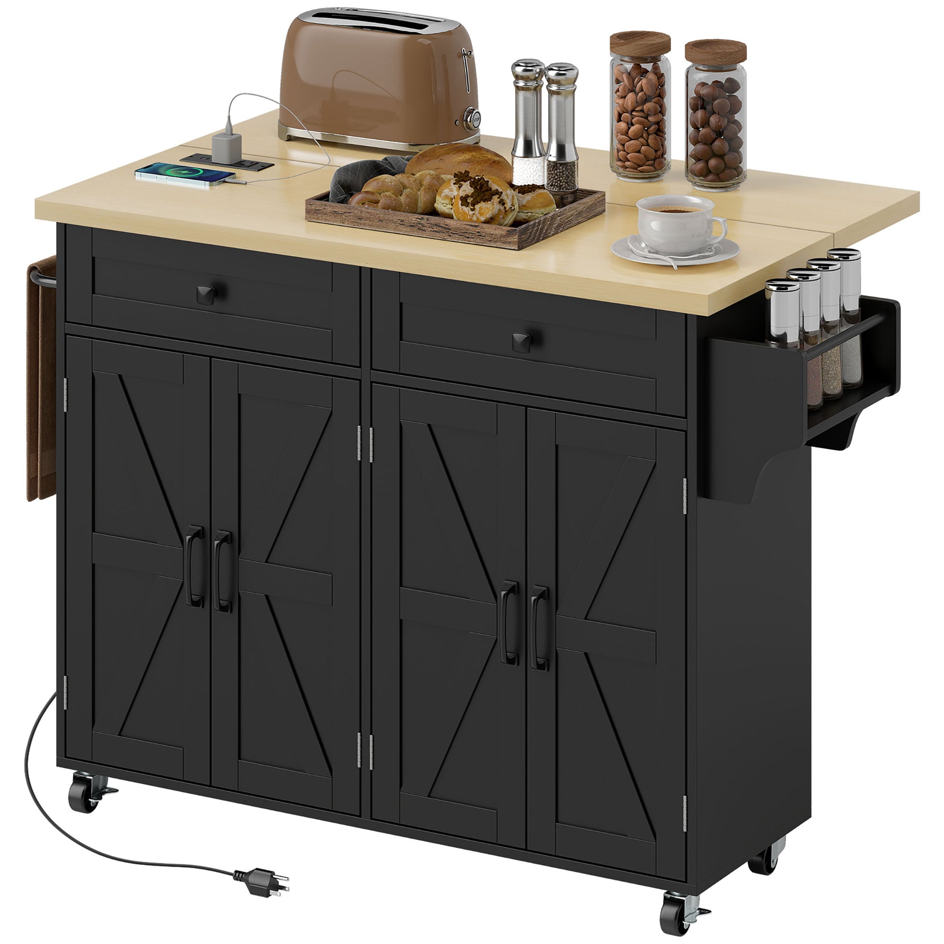 Rolling Kitchen Island with Power Outlet & Drop Leaf - Black-DECOROLALA