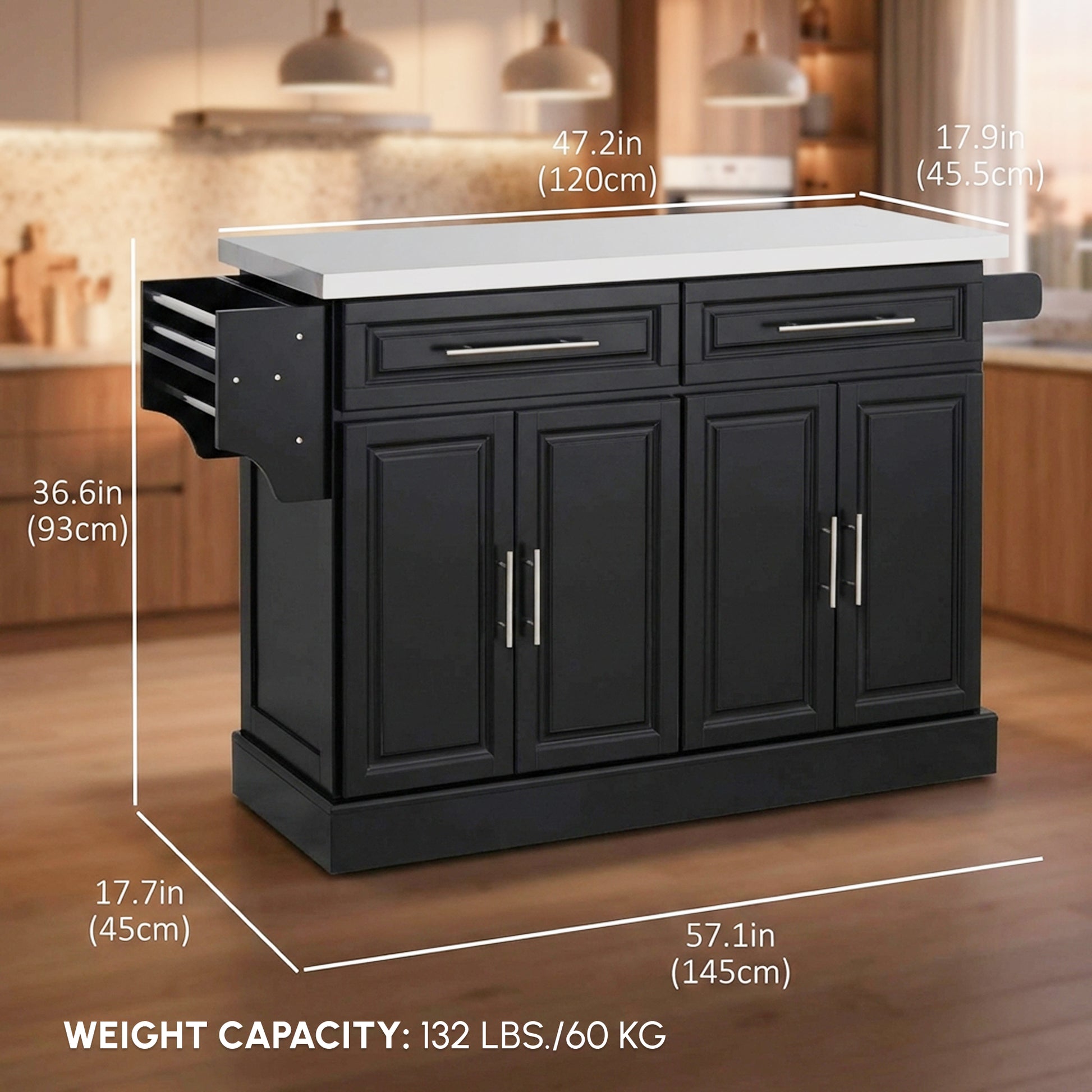 Rolling Kitchen Island with Stainless Steel Top - Black-DECOROLALA