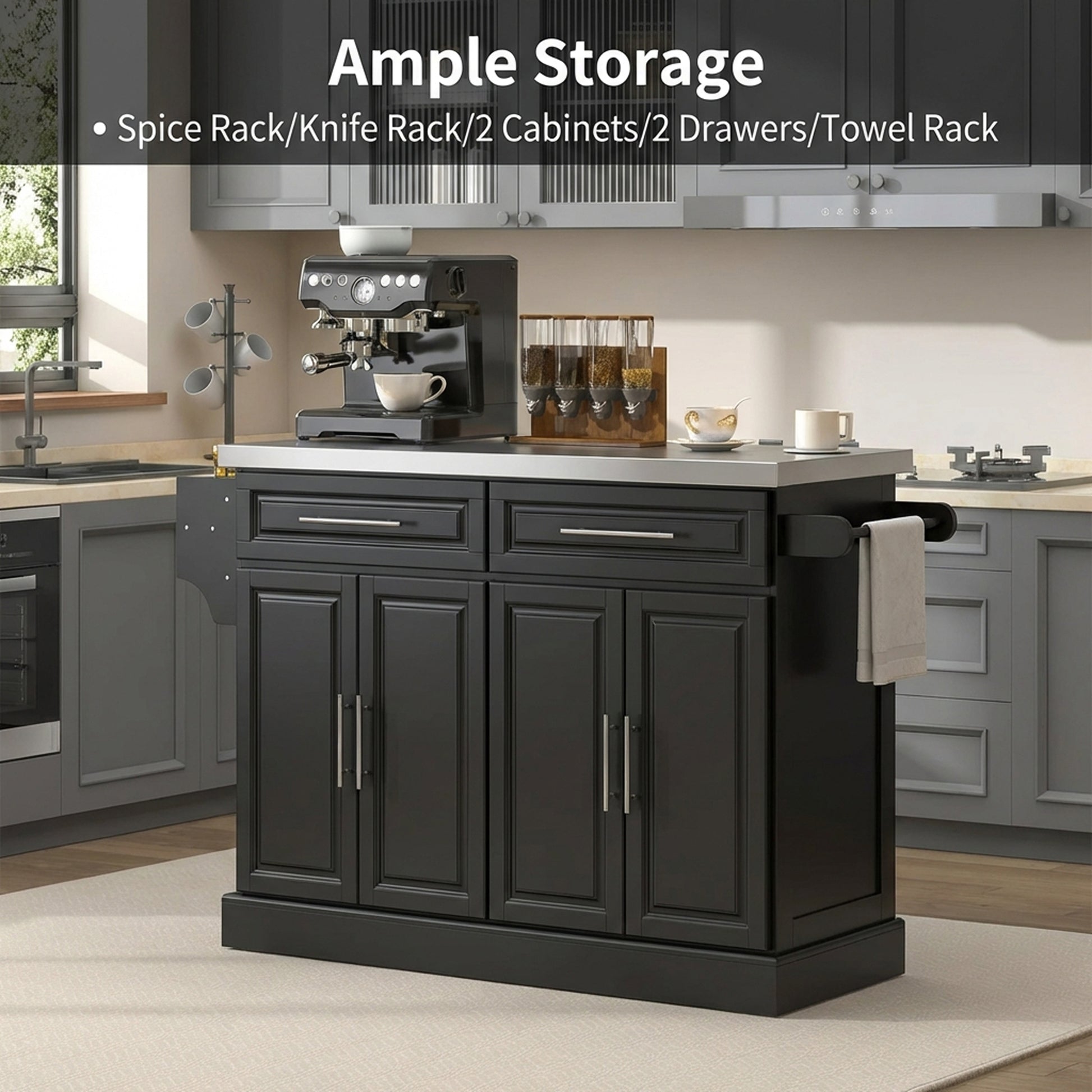 Rolling Kitchen Island with Stainless Steel Top - Black-DECOROLALA