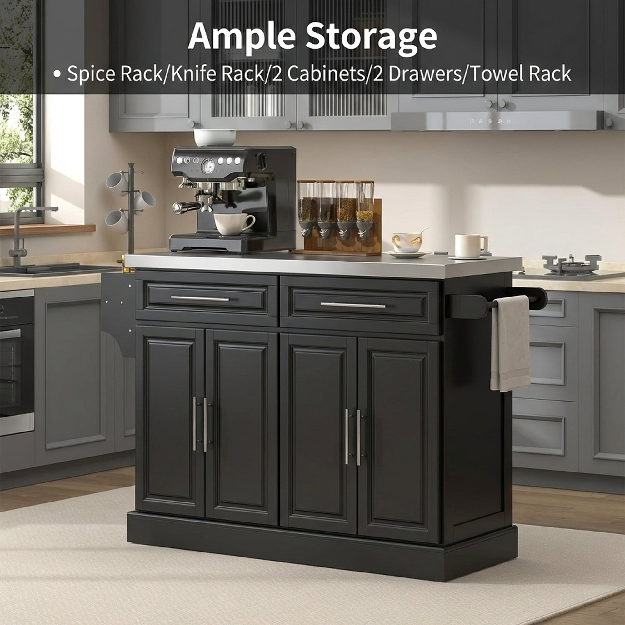 Rolling Kitchen Island with Stainless Steel Top - Black-DECOROLALA