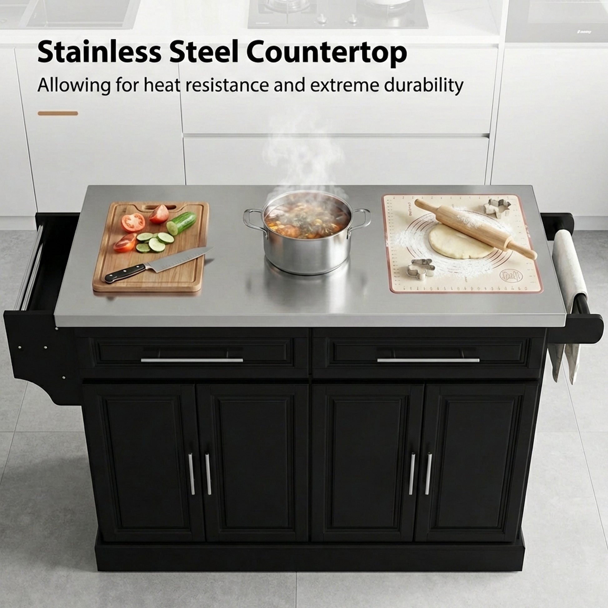 Rolling Kitchen Island with Stainless Steel Top - Black-DECOROLALA