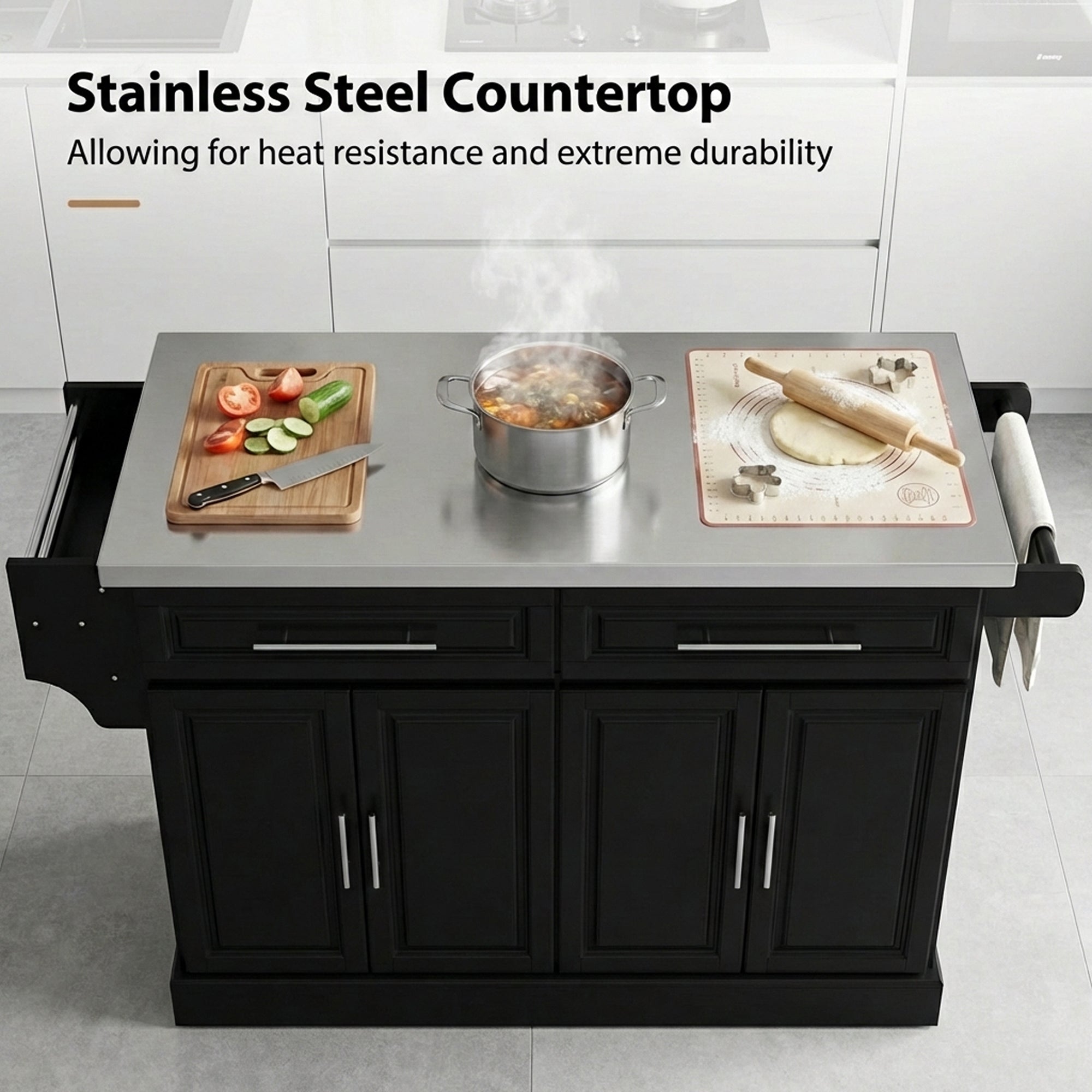 Rolling Kitchen Island with Stainless Steel Top - Black-DECOROLALA