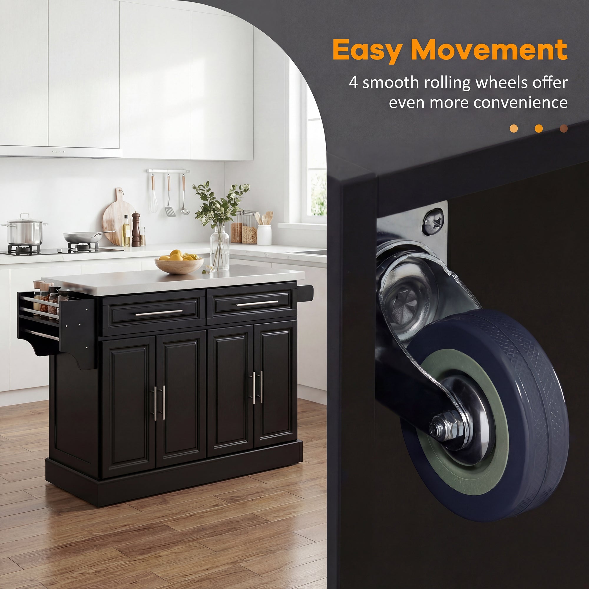Rolling Kitchen Island with Stainless Steel Top - Black-DECOROLALA