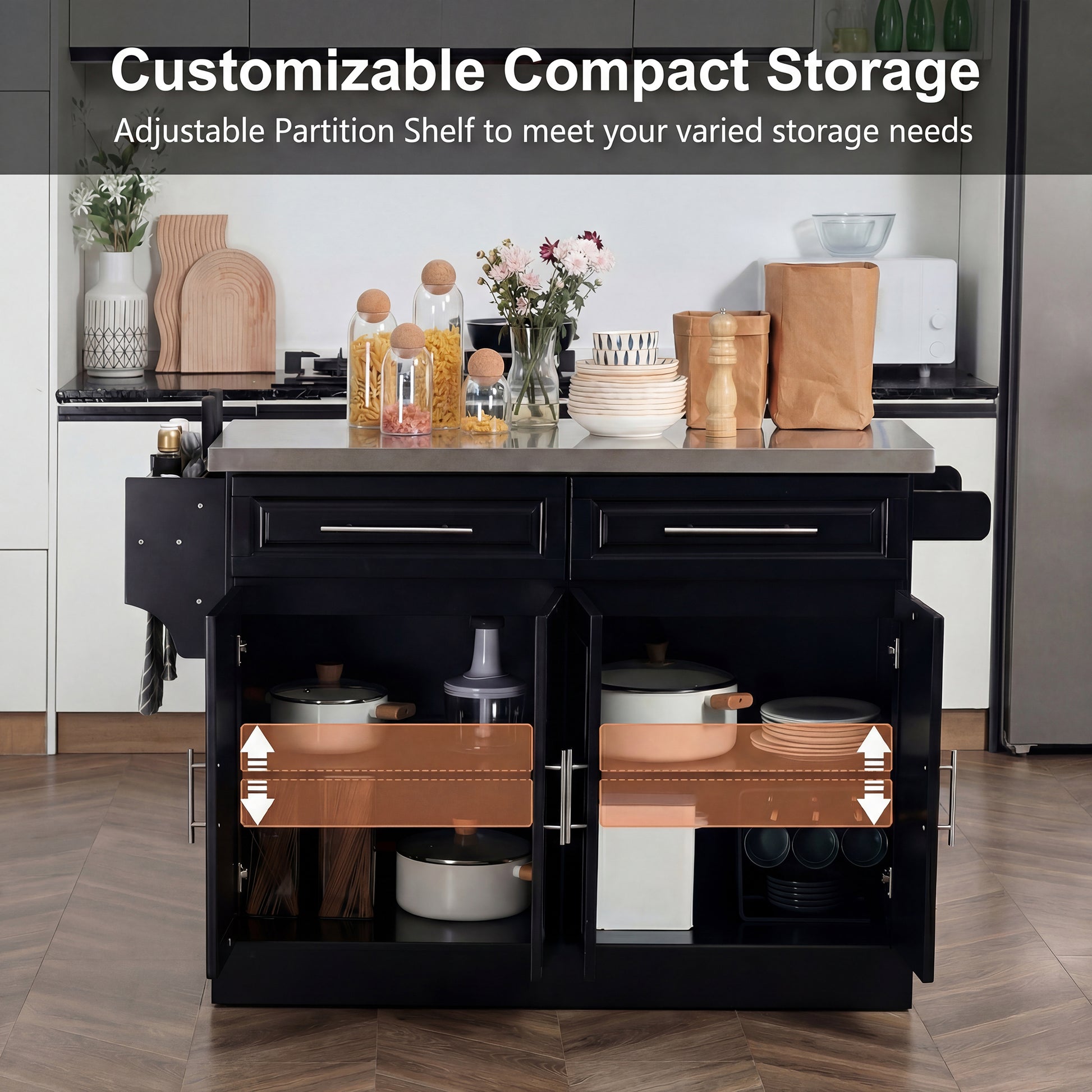 Rolling Kitchen Island with Stainless Steel Top - Black-DECOROLALA