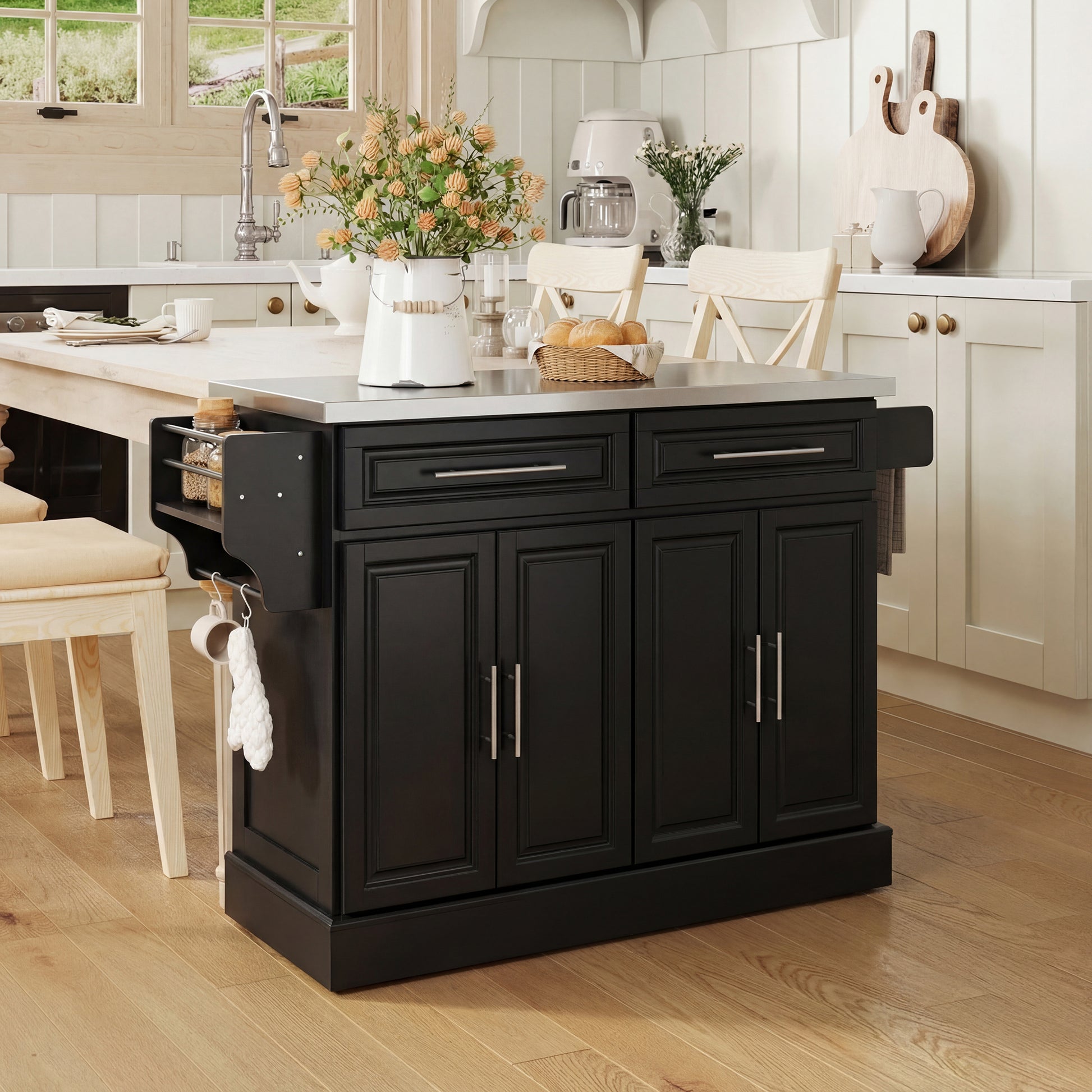 Rolling Kitchen Island with Stainless Steel Top - Black-DECOROLALA