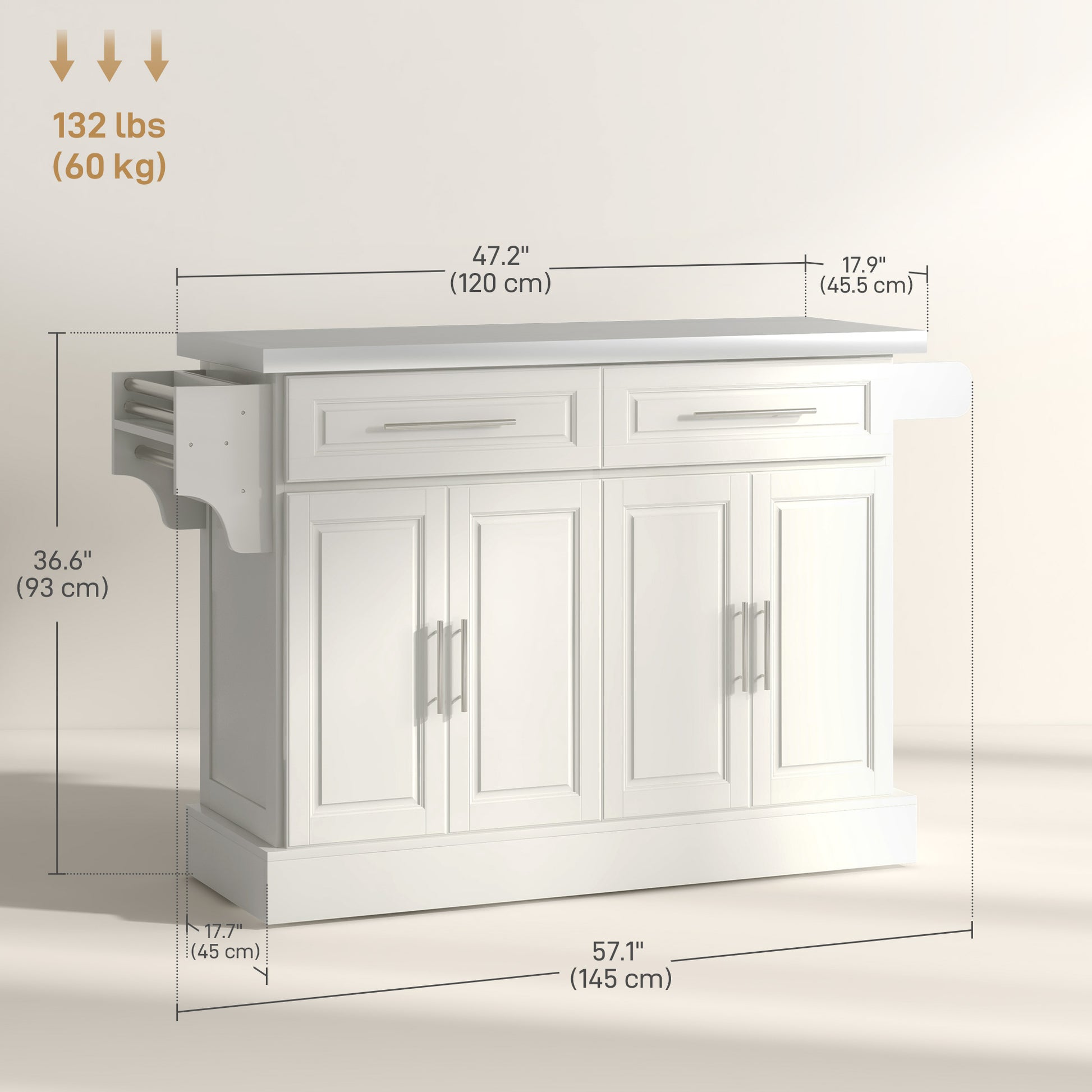 Rolling Kitchen Island with Stainless Steel Top - Cream White-DECOROLALA
