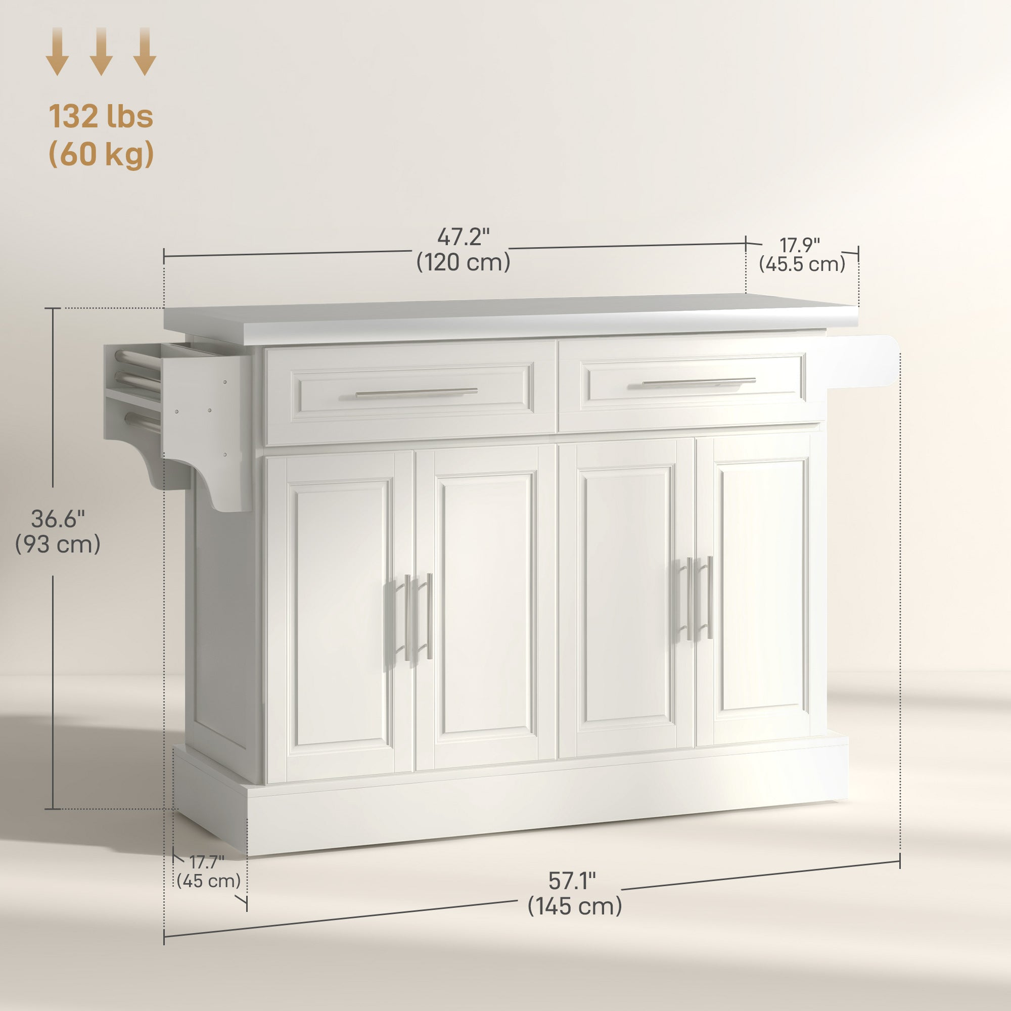 Rolling Kitchen Island with Stainless Steel Top - Cream White-DECOROLALA