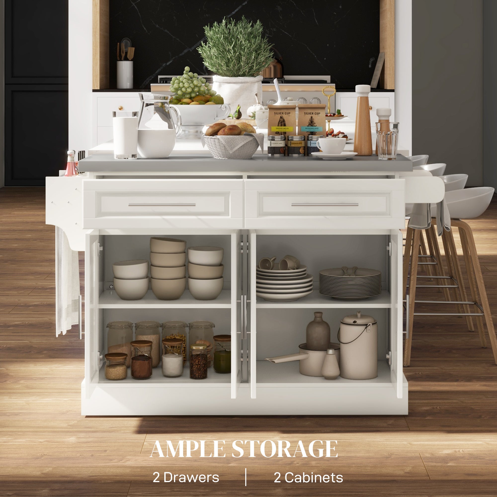 Rolling Kitchen Island with Stainless Steel Top - Cream White-DECOROLALA