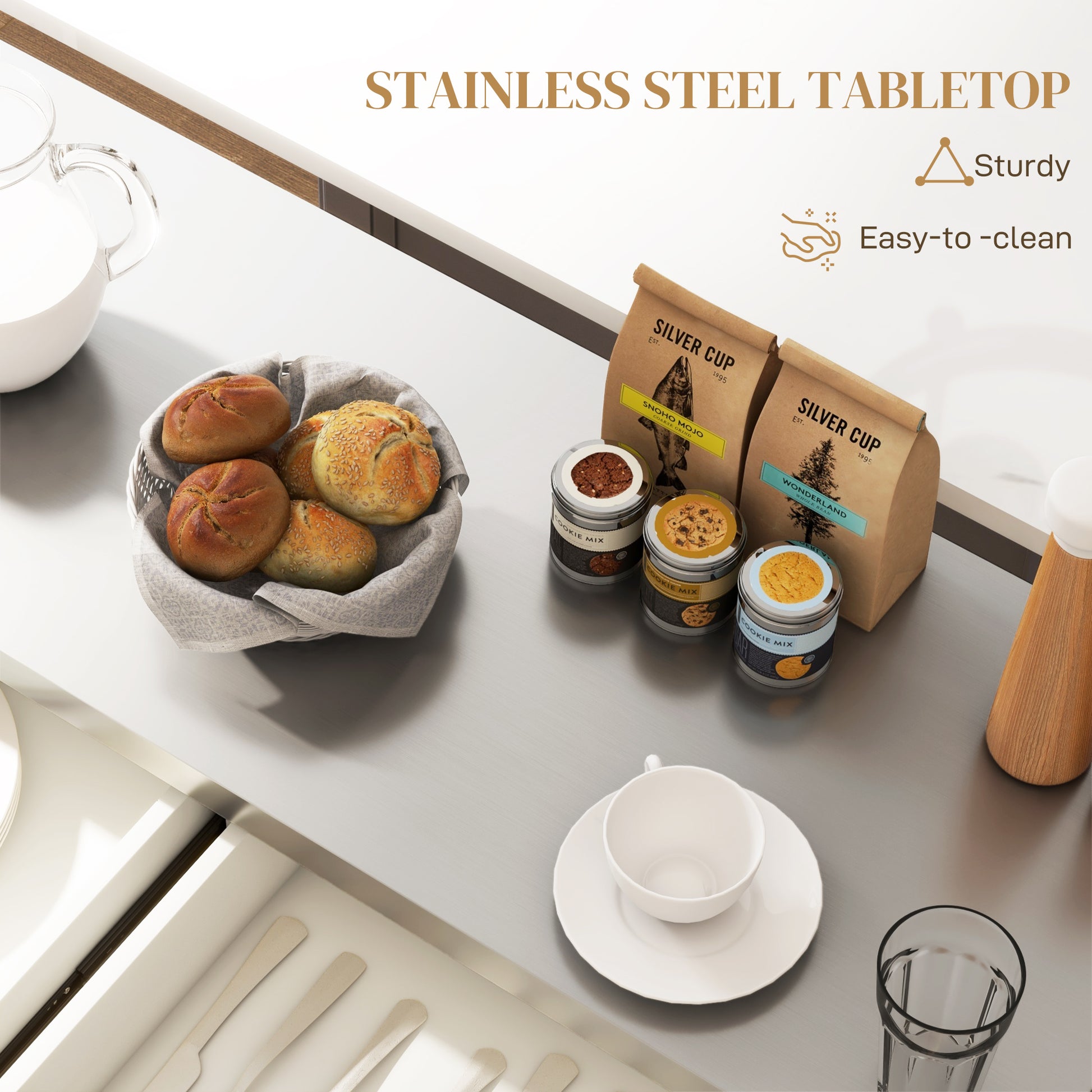 Rolling Kitchen Island with Stainless Steel Top - Cream White-DECOROLALA
