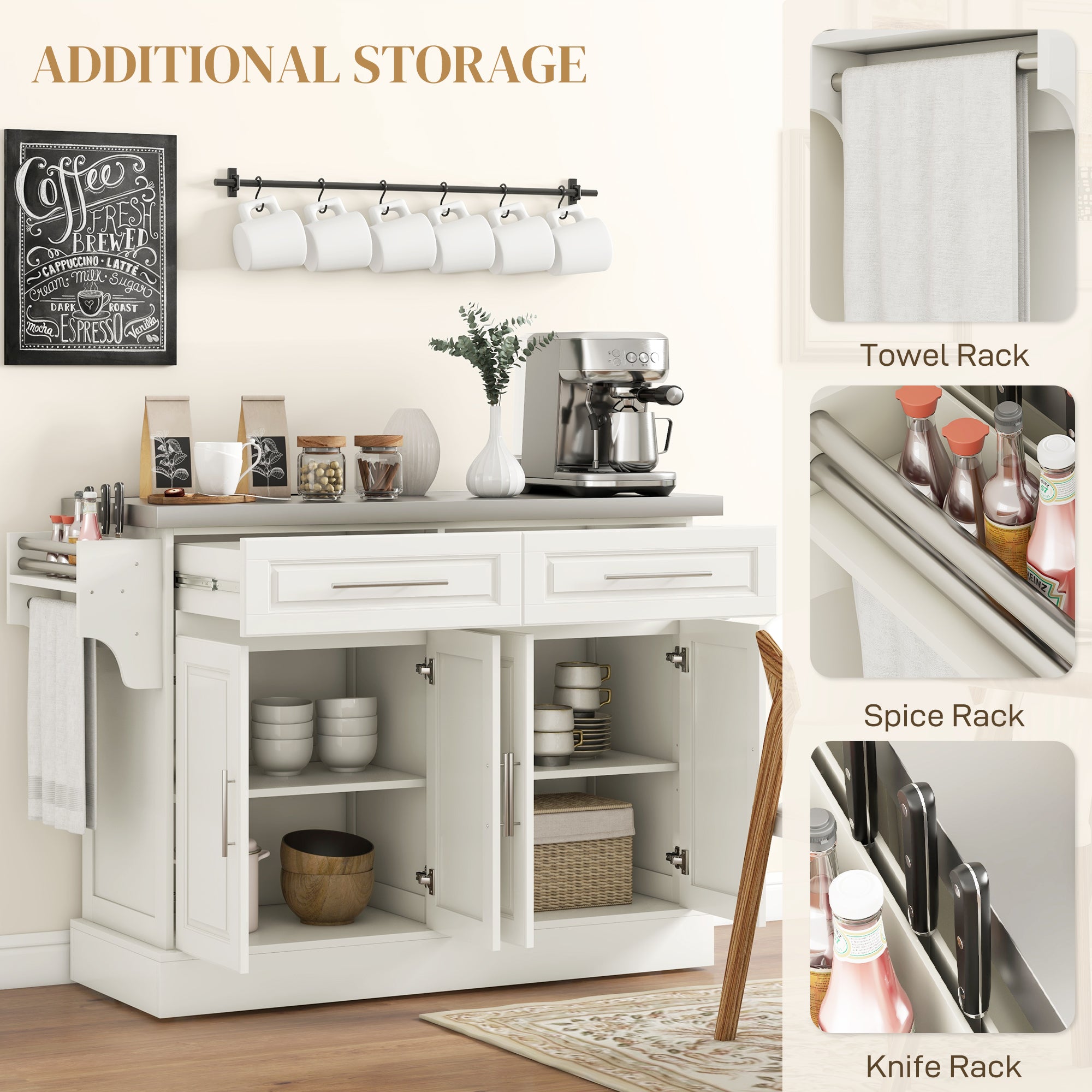 Rolling Kitchen Island with Stainless Steel Top - Cream White-DECOROLALA