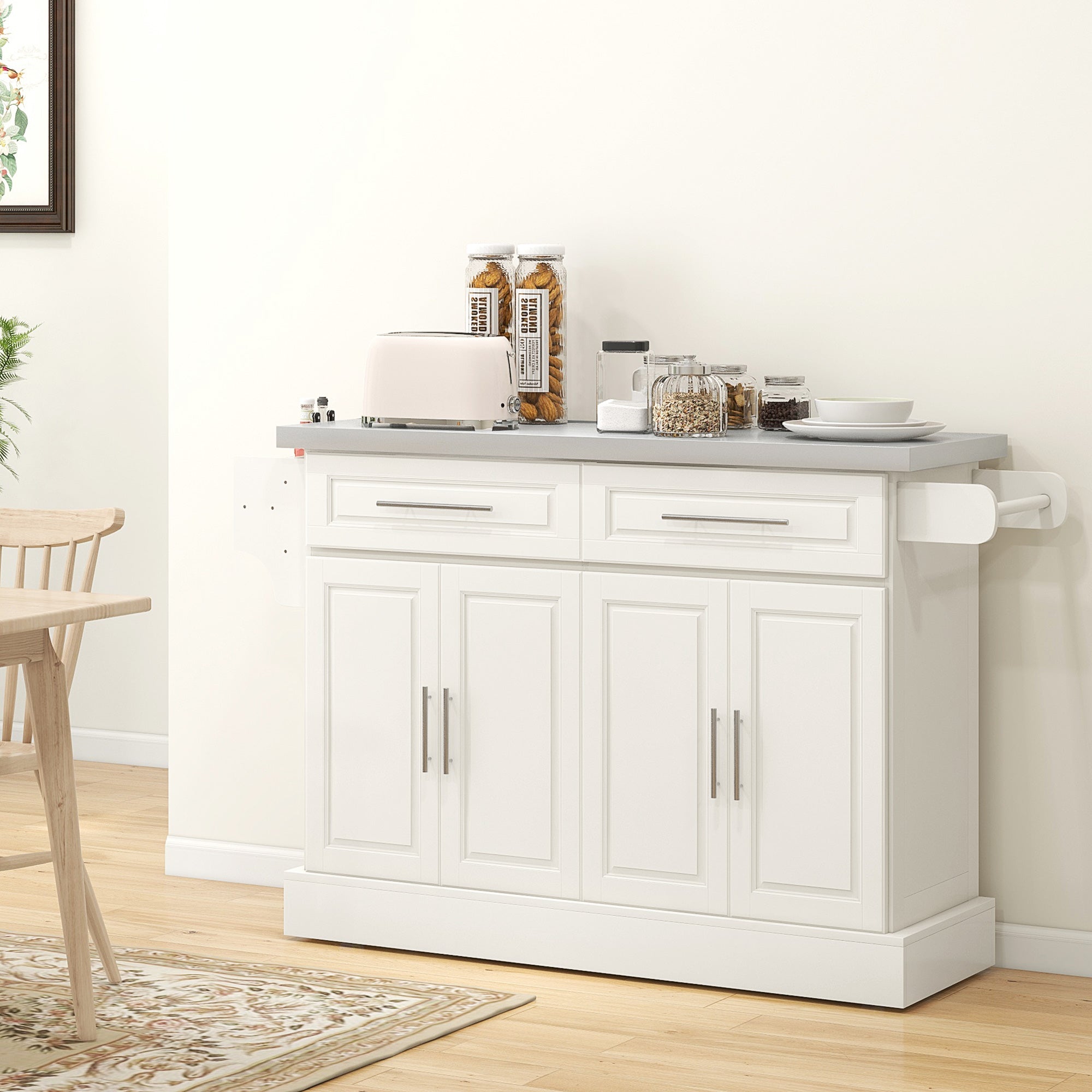 Rolling Kitchen Island with Stainless Steel Top - Cream White-DECOROLALA