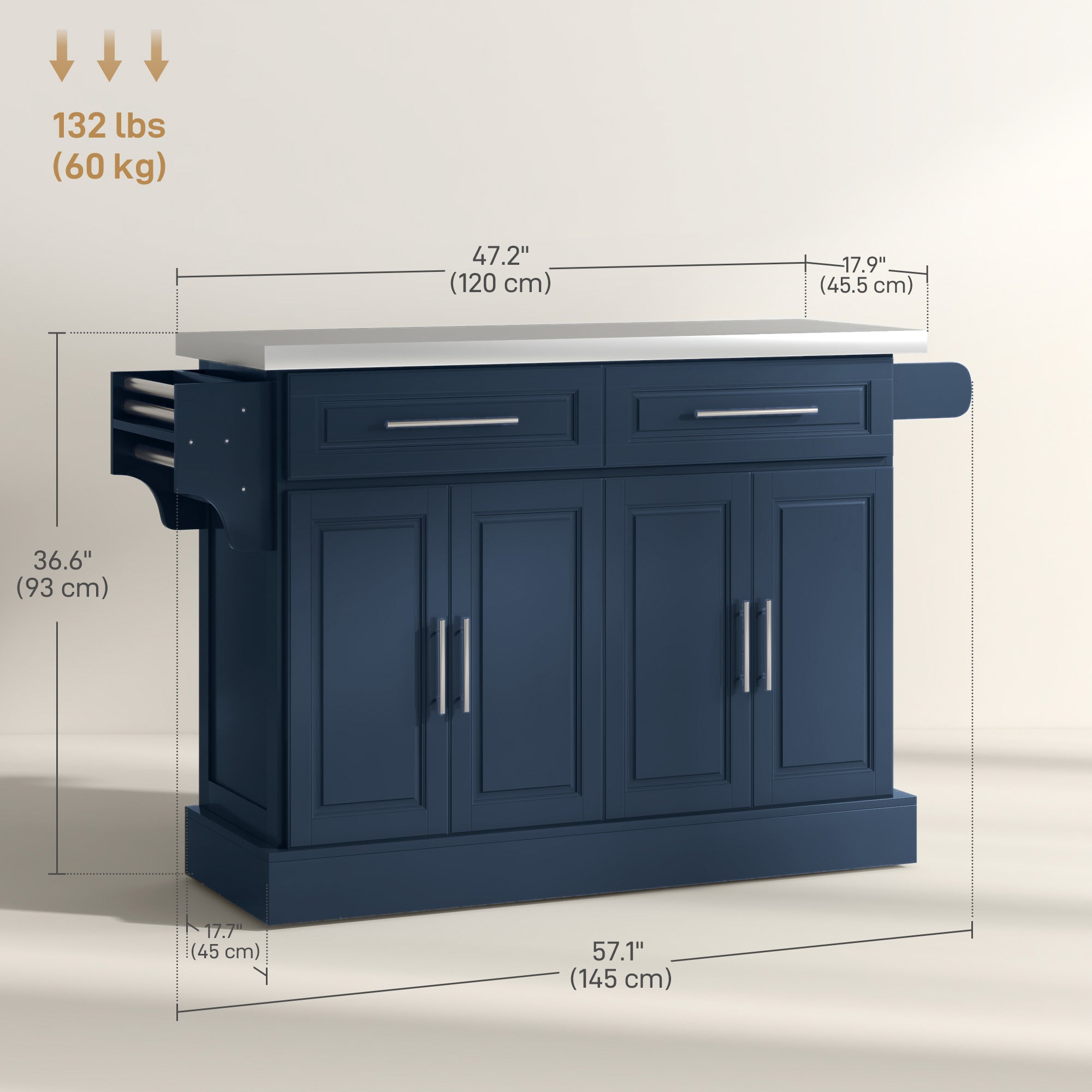 Rolling Kitchen Island with Stainless Steel Top - Navy Blue-DECOROLALA