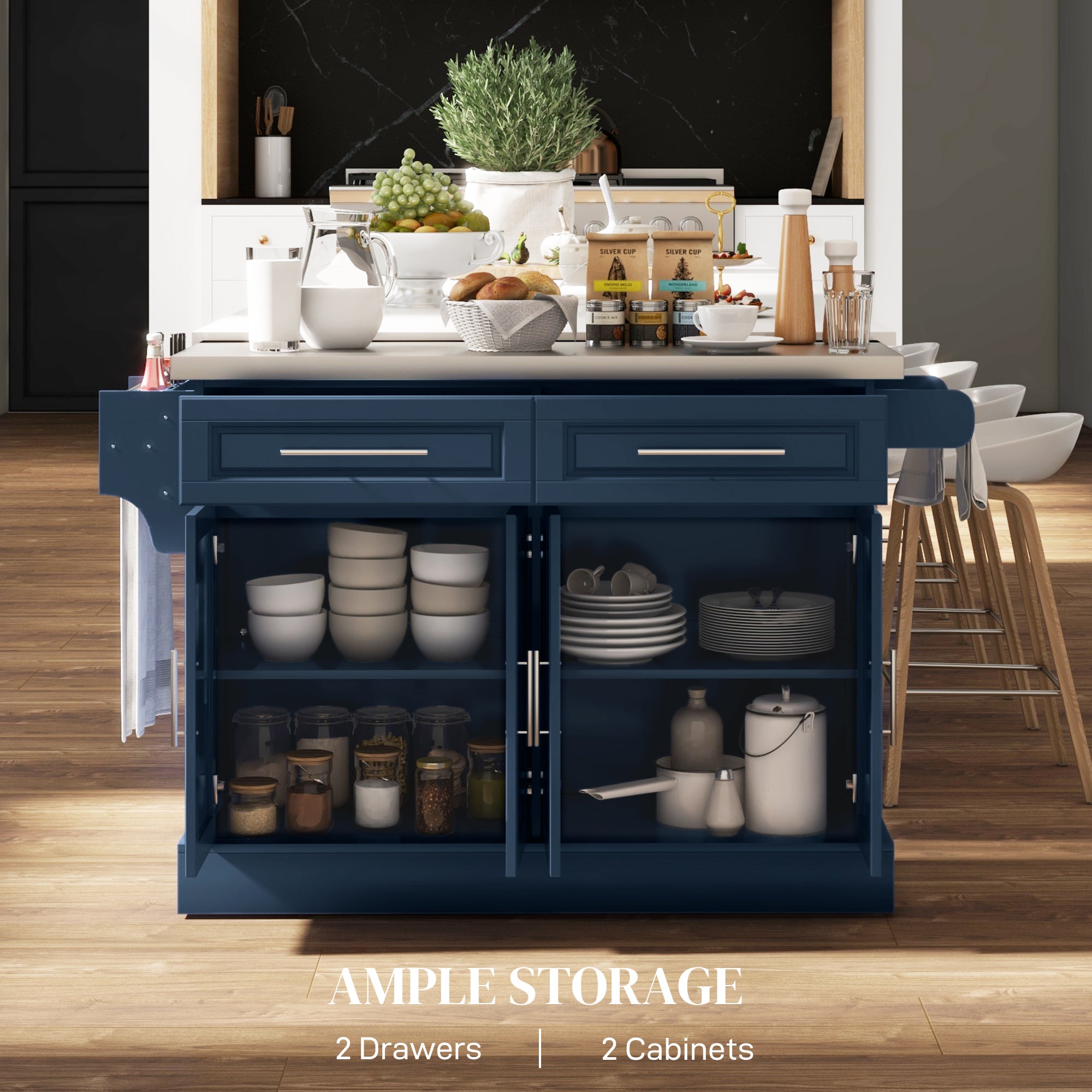 Rolling Kitchen Island with Stainless Steel Top - Navy Blue-DECOROLALA
