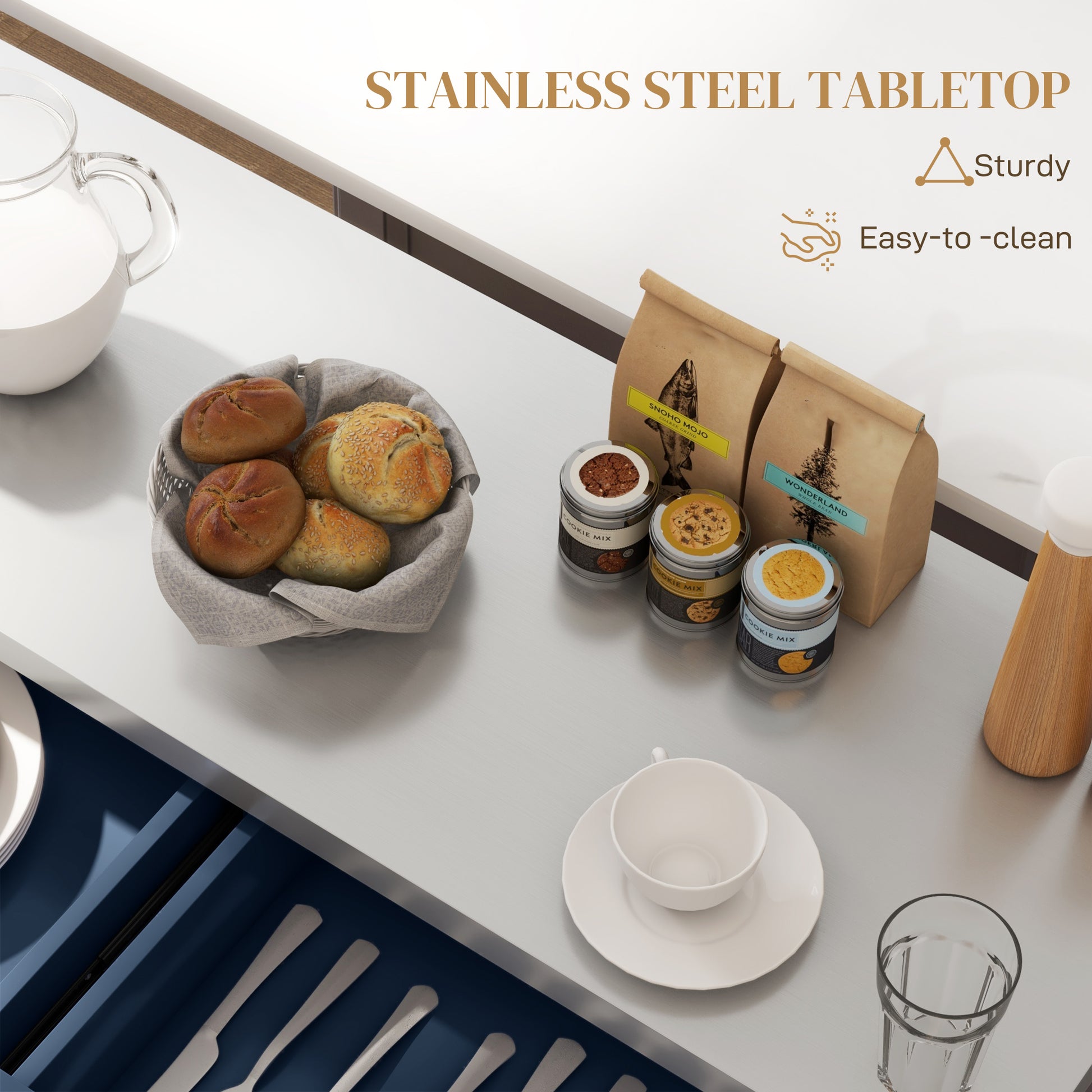 Rolling Kitchen Island with Stainless Steel Top - Navy Blue-DECOROLALA