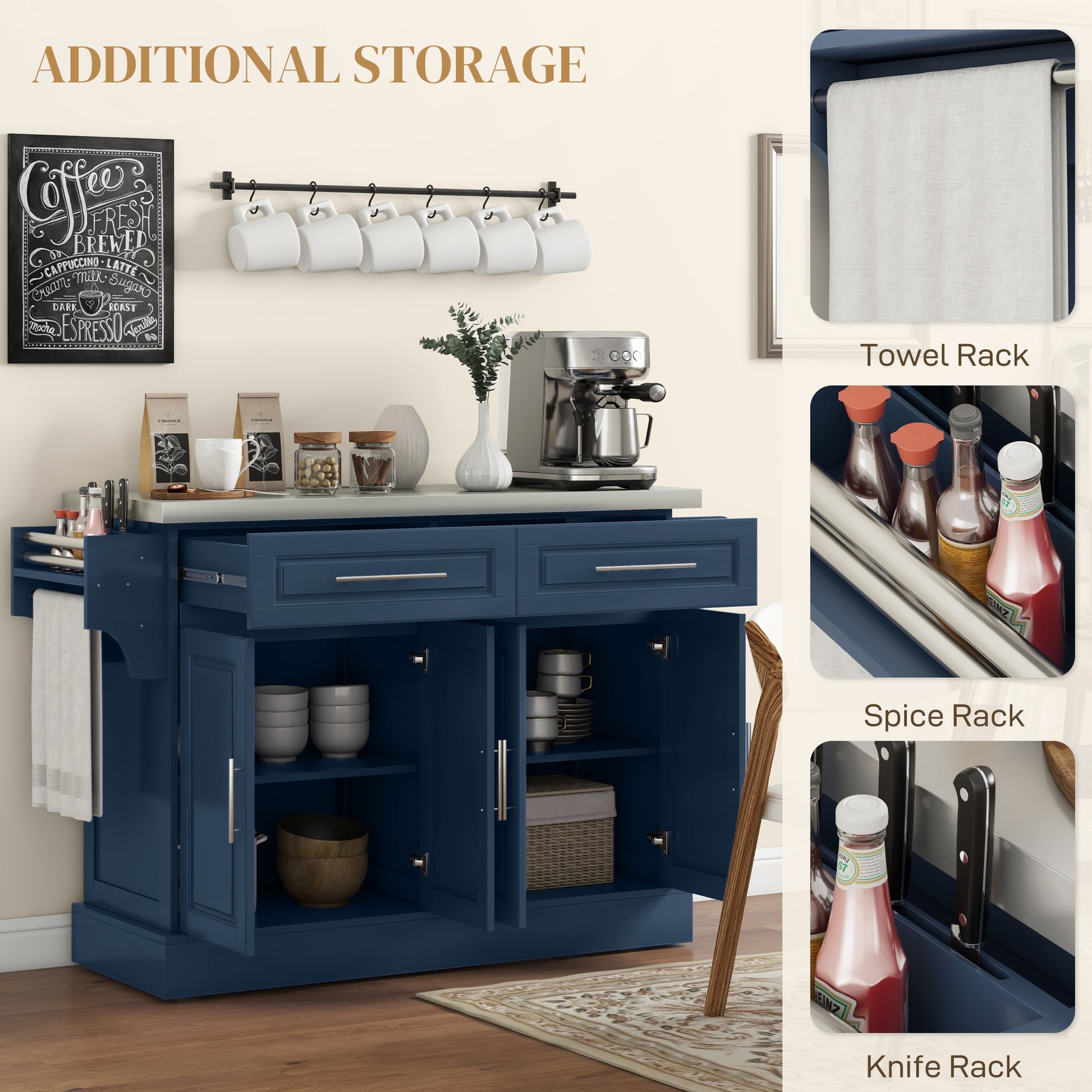 Rolling Kitchen Island with Stainless Steel Top - Navy Blue-DECOROLALA