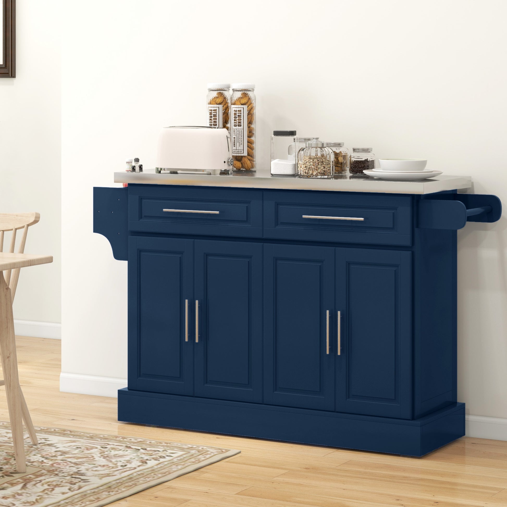 Rolling Kitchen Island with Stainless Steel Top - Navy Blue-DECOROLALA