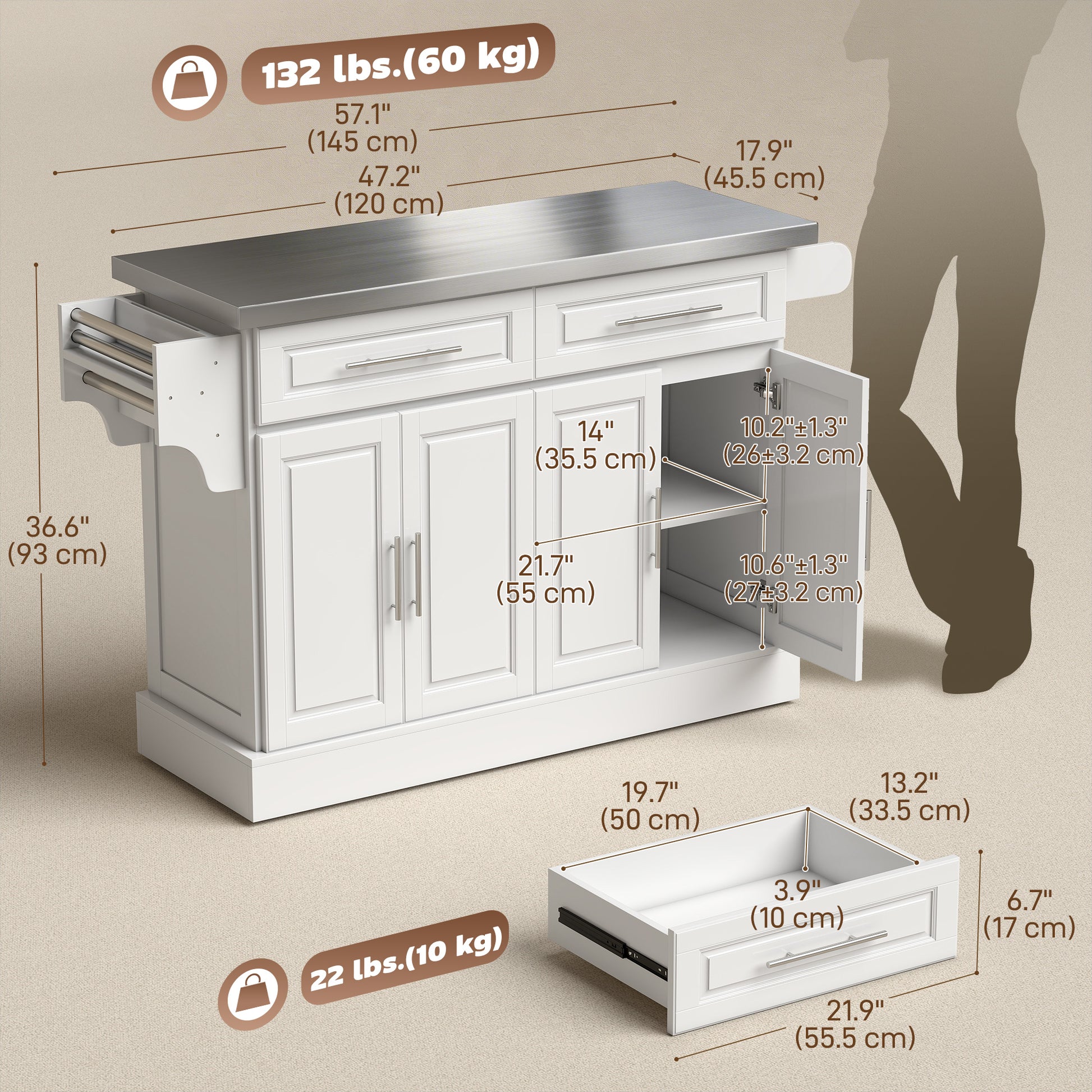 Rolling Kitchen Island with Stainless Steel Top - White-DECOROLALA