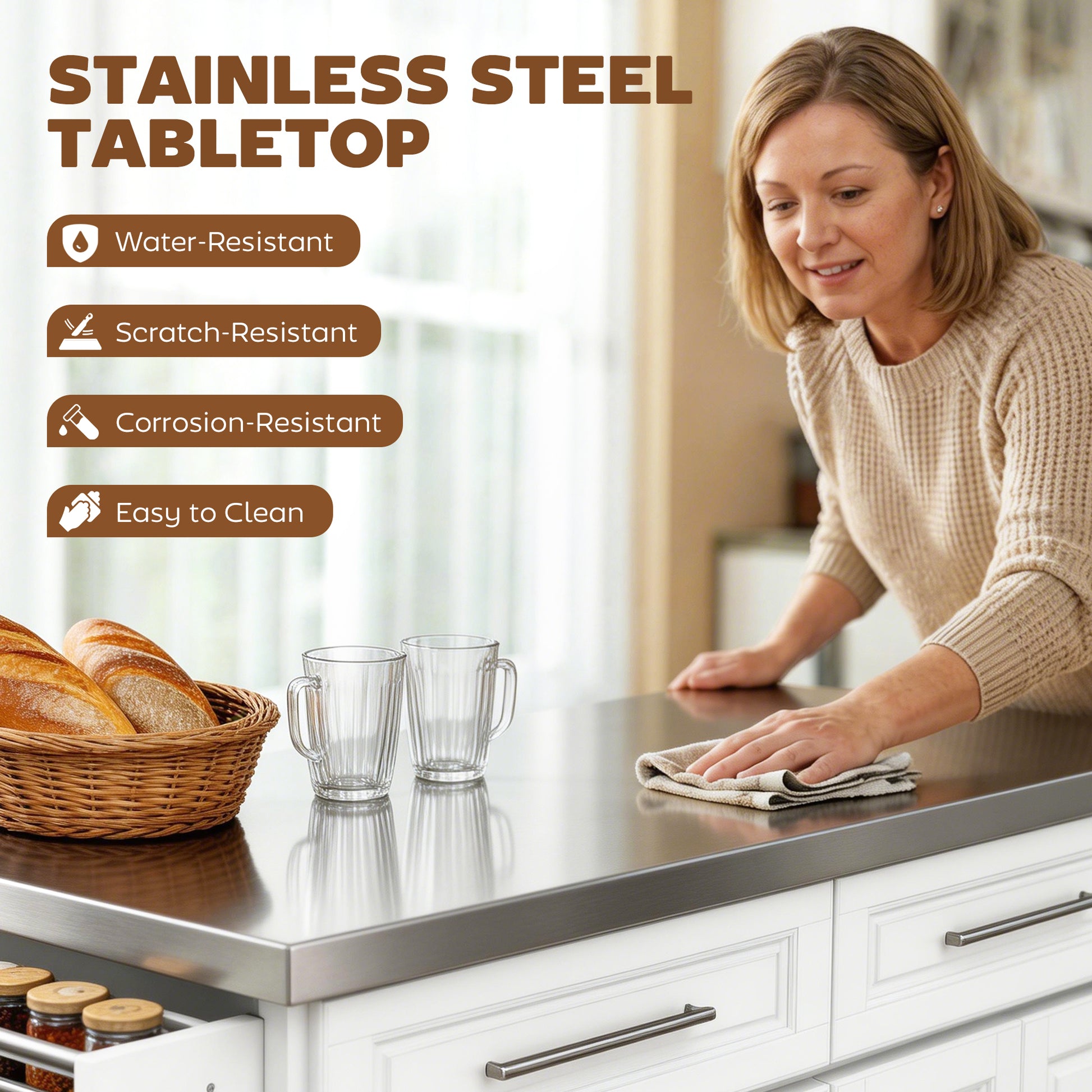 Rolling Kitchen Island with Stainless Steel Top - White-DECOROLALA
