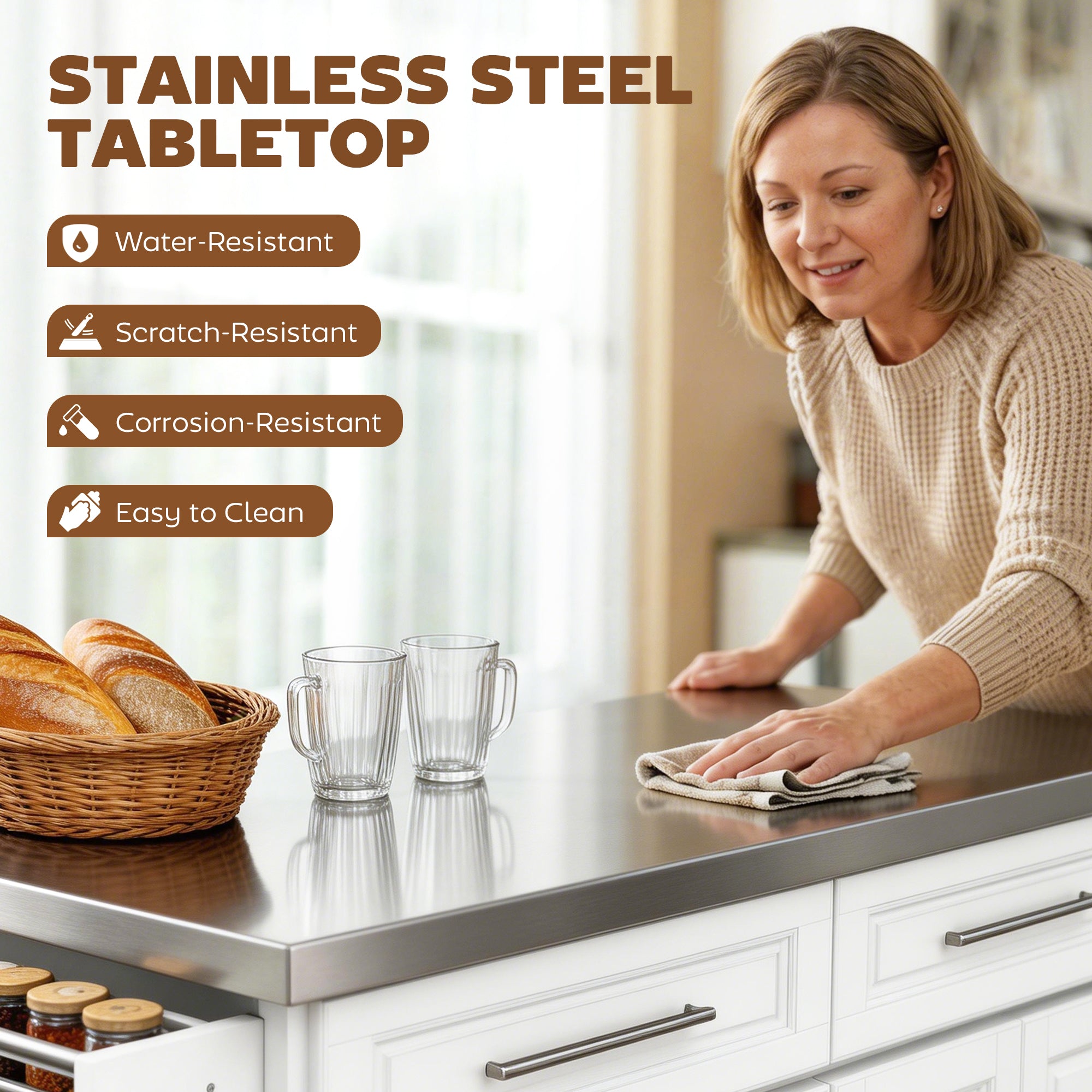 Rolling Kitchen Island with Stainless Steel Top - White-DECOROLALA