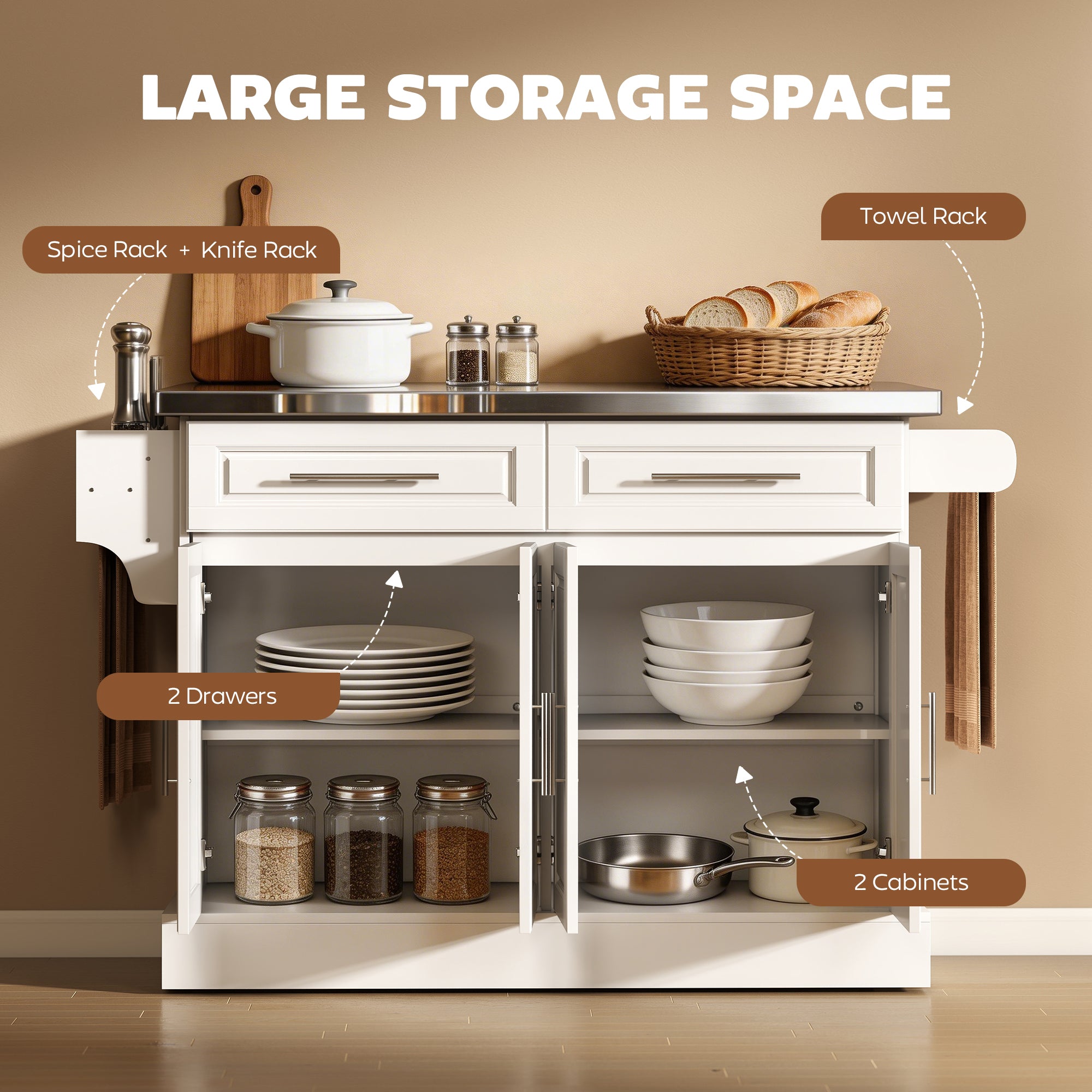 Rolling Kitchen Island with Stainless Steel Top - White-DECOROLALA