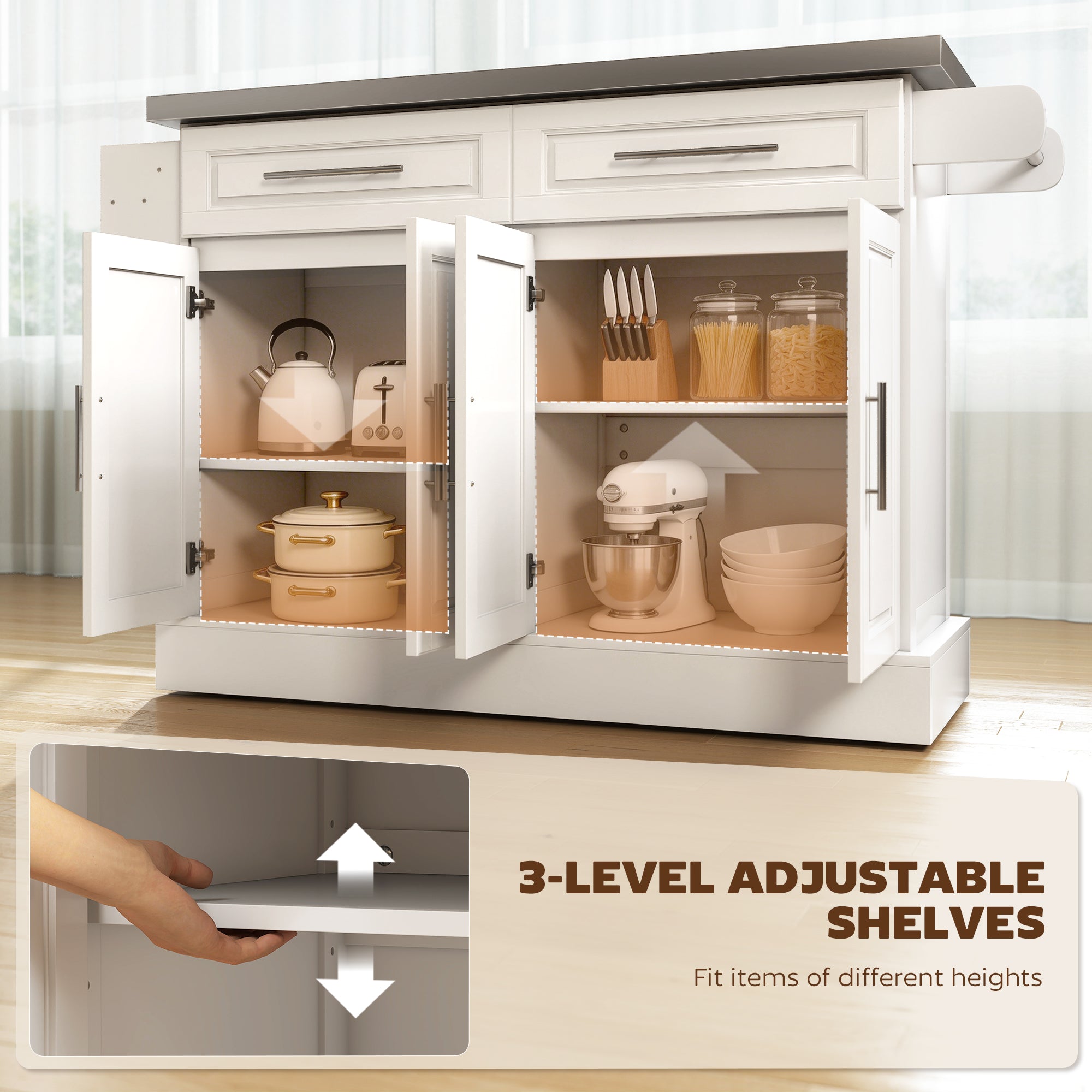 Rolling Kitchen Island with Stainless Steel Top - White-DECOROLALA