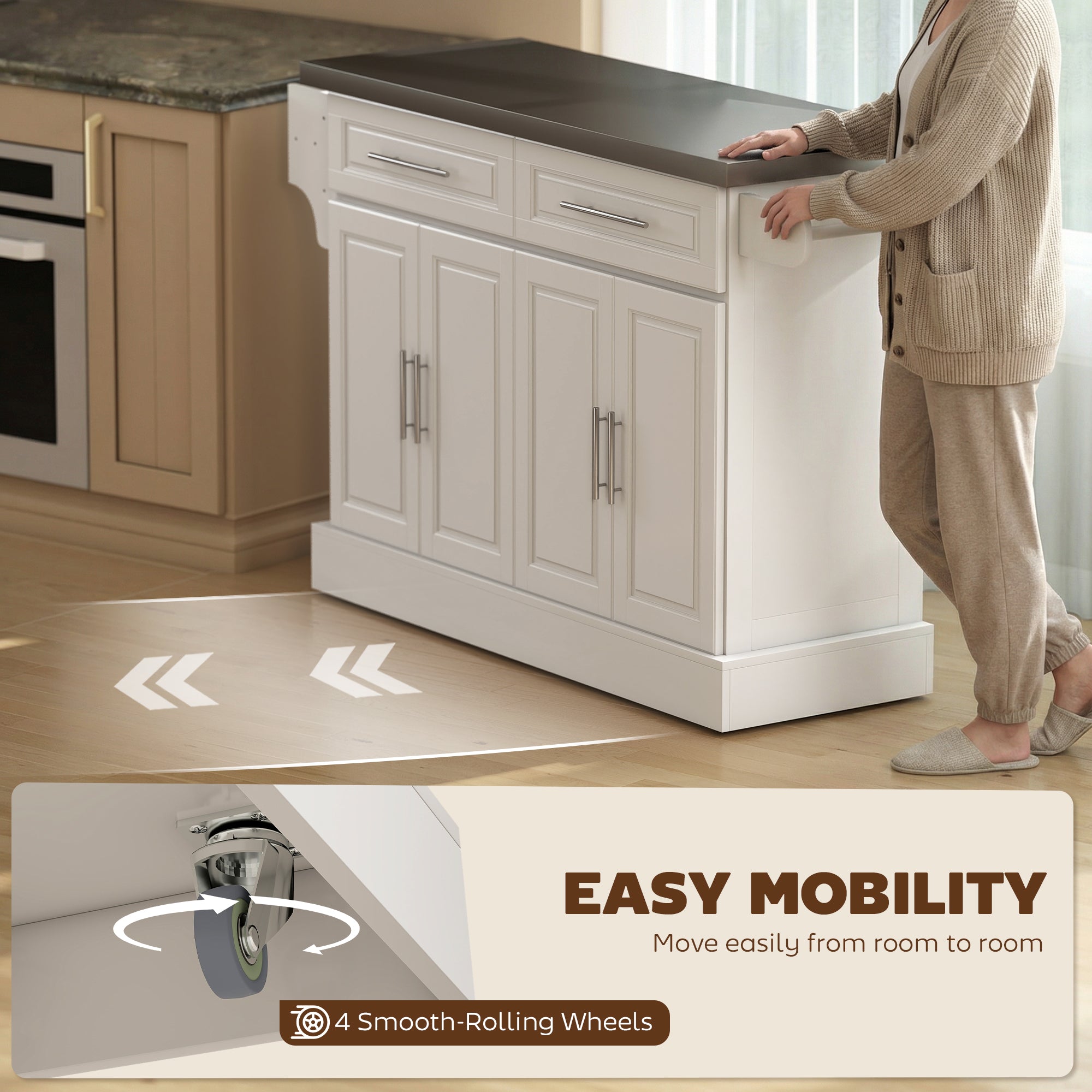 Rolling Kitchen Island with Stainless Steel Top - White-DECOROLALA
