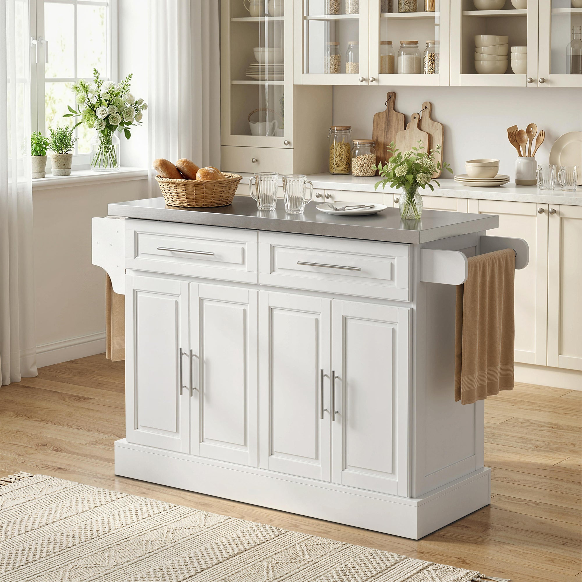 Rolling Kitchen Island with Stainless Steel Top - White-DECOROLALA