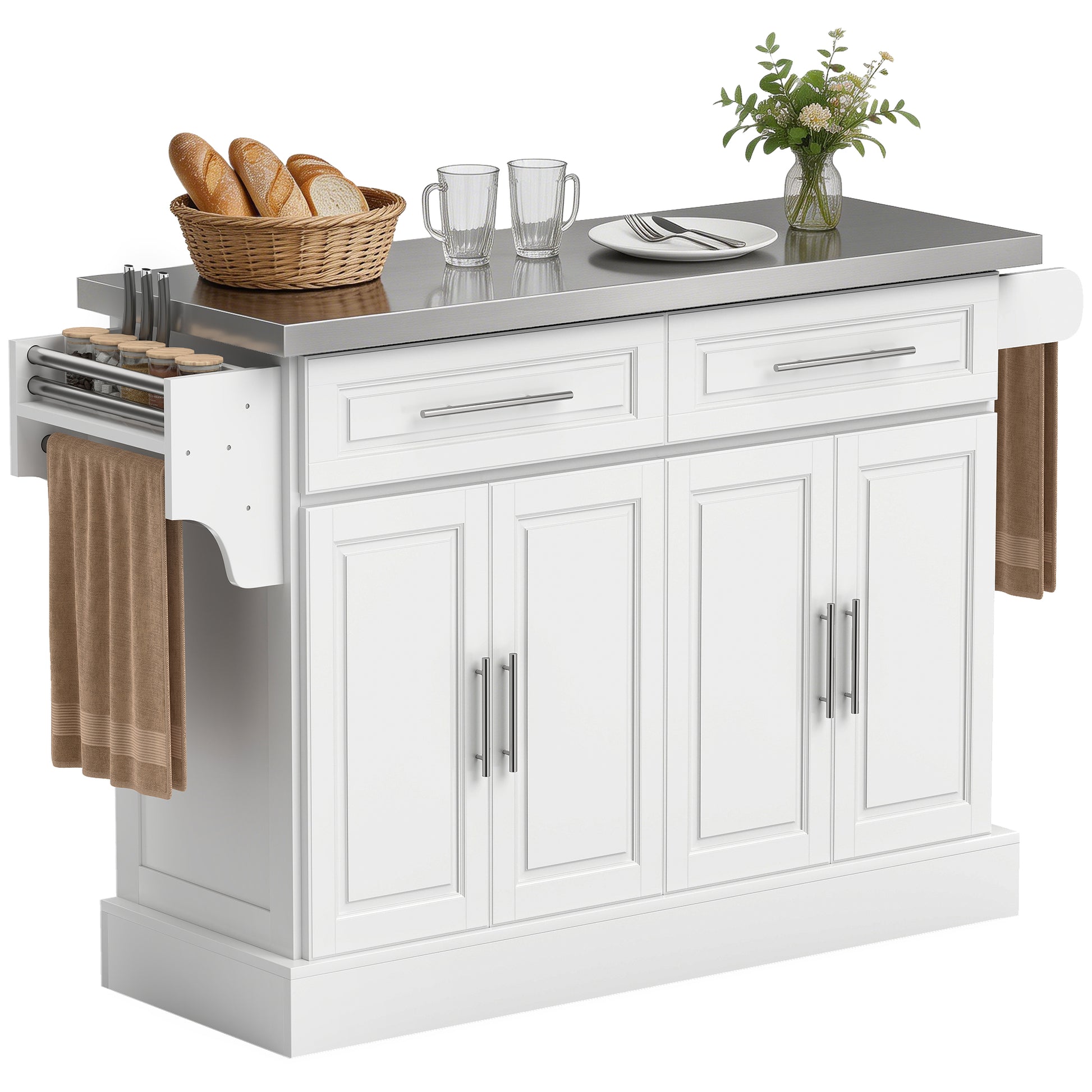 Rolling Kitchen Island with Stainless Steel Top - White-DECOROLALA