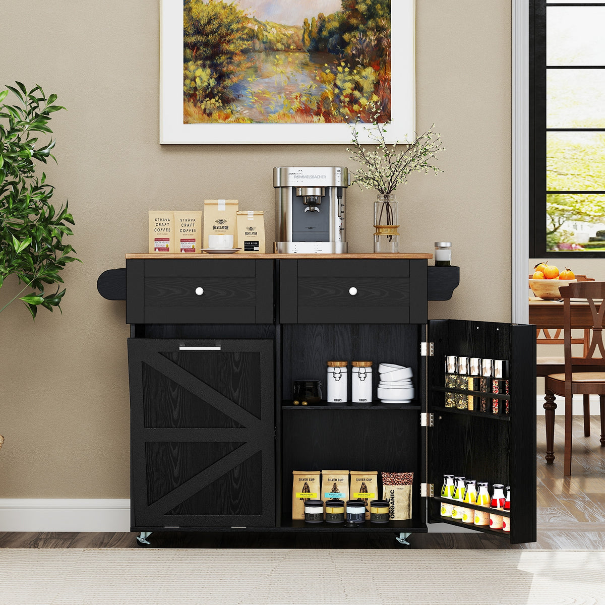 Rolling Kitchen Island with Trash Can Cabinet and Rubber Universal Wheels-Black-Kitchen Islands & Carts-DECOROLALA