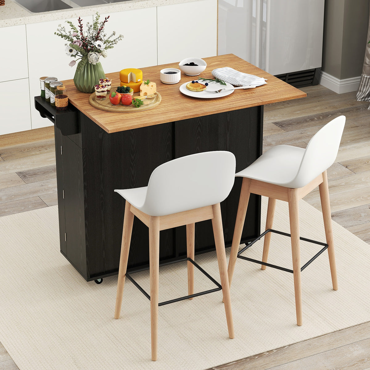 Rolling Kitchen Island with Trash Can Cabinet and Rubber Universal Wheels-Black-Kitchen Islands & Carts-DECOROLALA