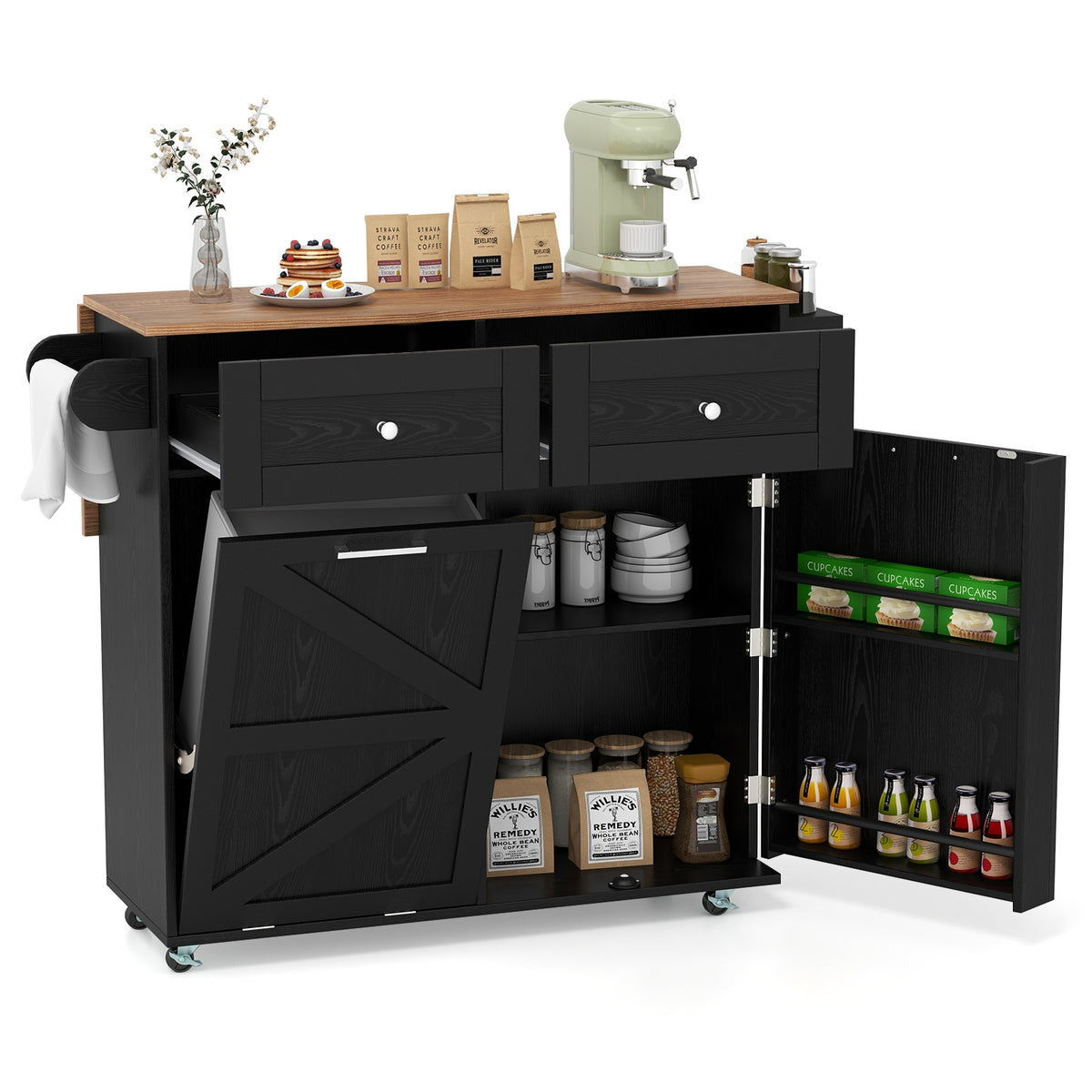 Rolling Kitchen Island with Trash Can Cabinet and Rubber Universal Wheels-Black-Kitchen Islands & Carts-DECOROLALA
