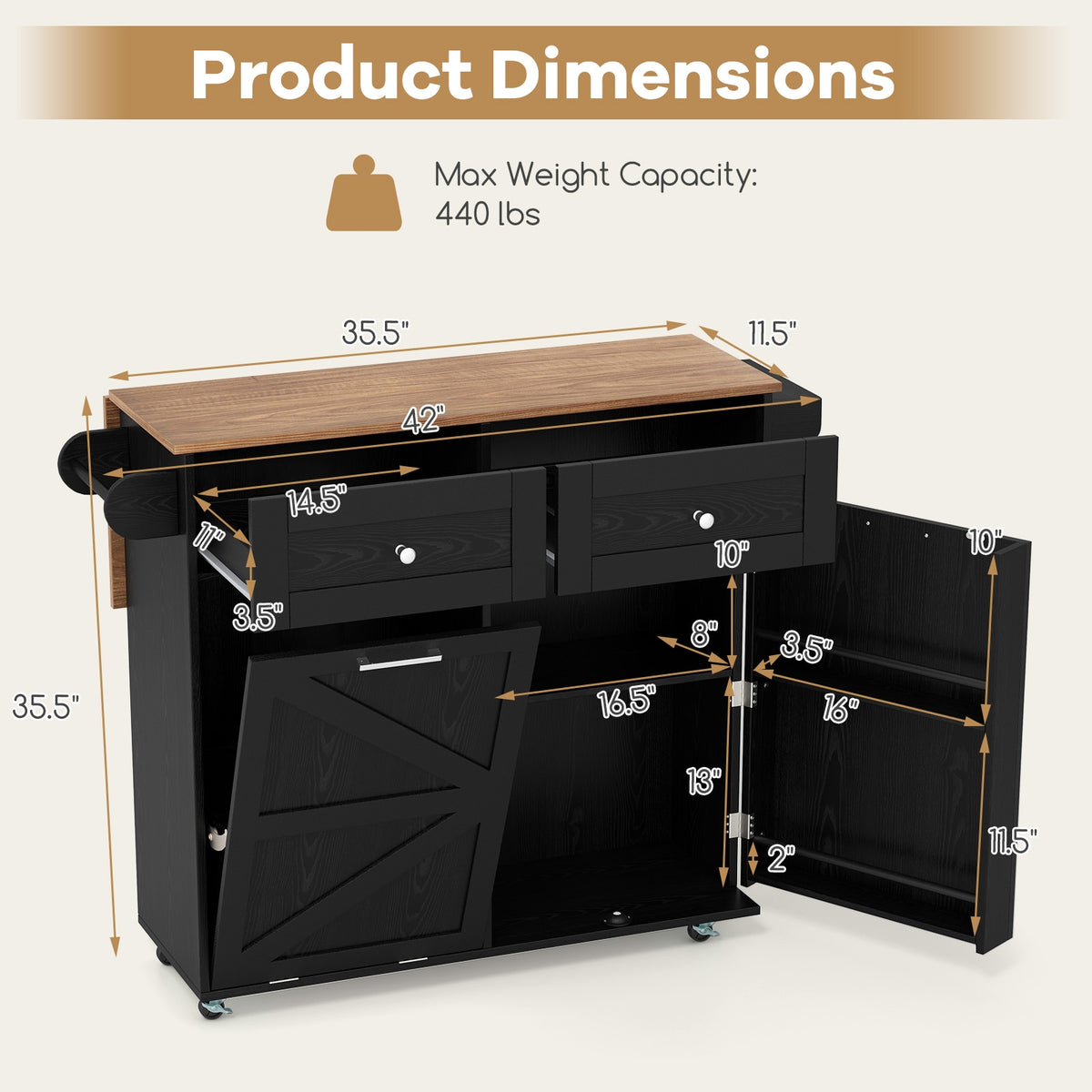 Rolling Kitchen Island with Trash Can Cabinet and Rubber Universal Wheels-Black-Kitchen Islands & Carts-DECOROLALA