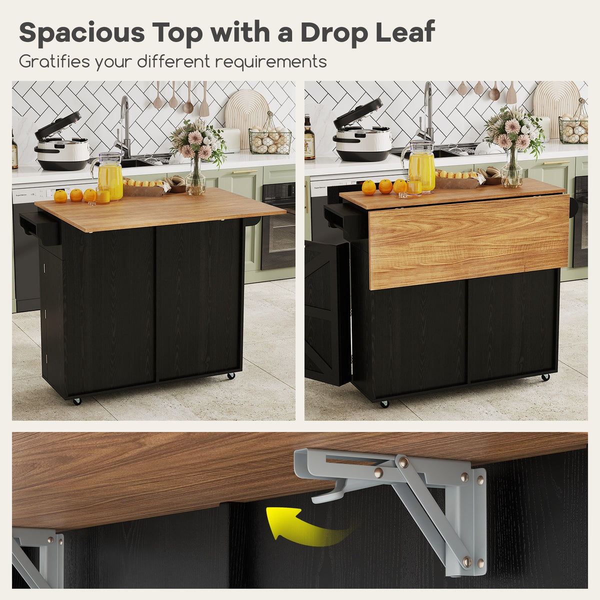 Rolling Kitchen Island with Trash Can Cabinet and Rubber Universal Wheels-Black-Kitchen Islands & Carts-DECOROLALA