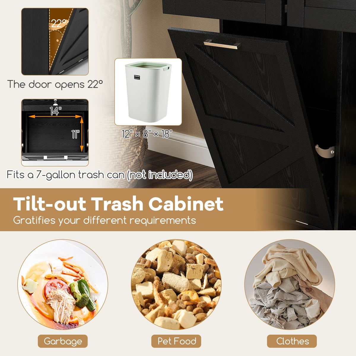 Rolling Kitchen Island with Trash Can Cabinet and Rubber Universal Wheels-Black-Kitchen Islands & Carts-DECOROLALA