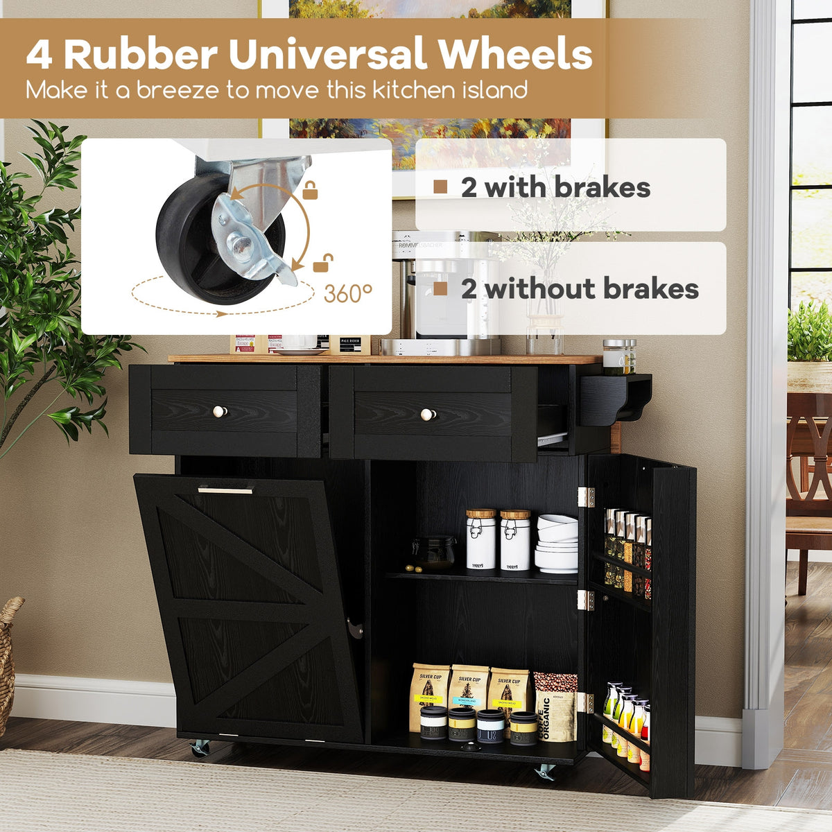 Rolling Kitchen Island with Trash Can Cabinet and Rubber Universal Wheels-Black-Kitchen Islands & Carts-DECOROLALA