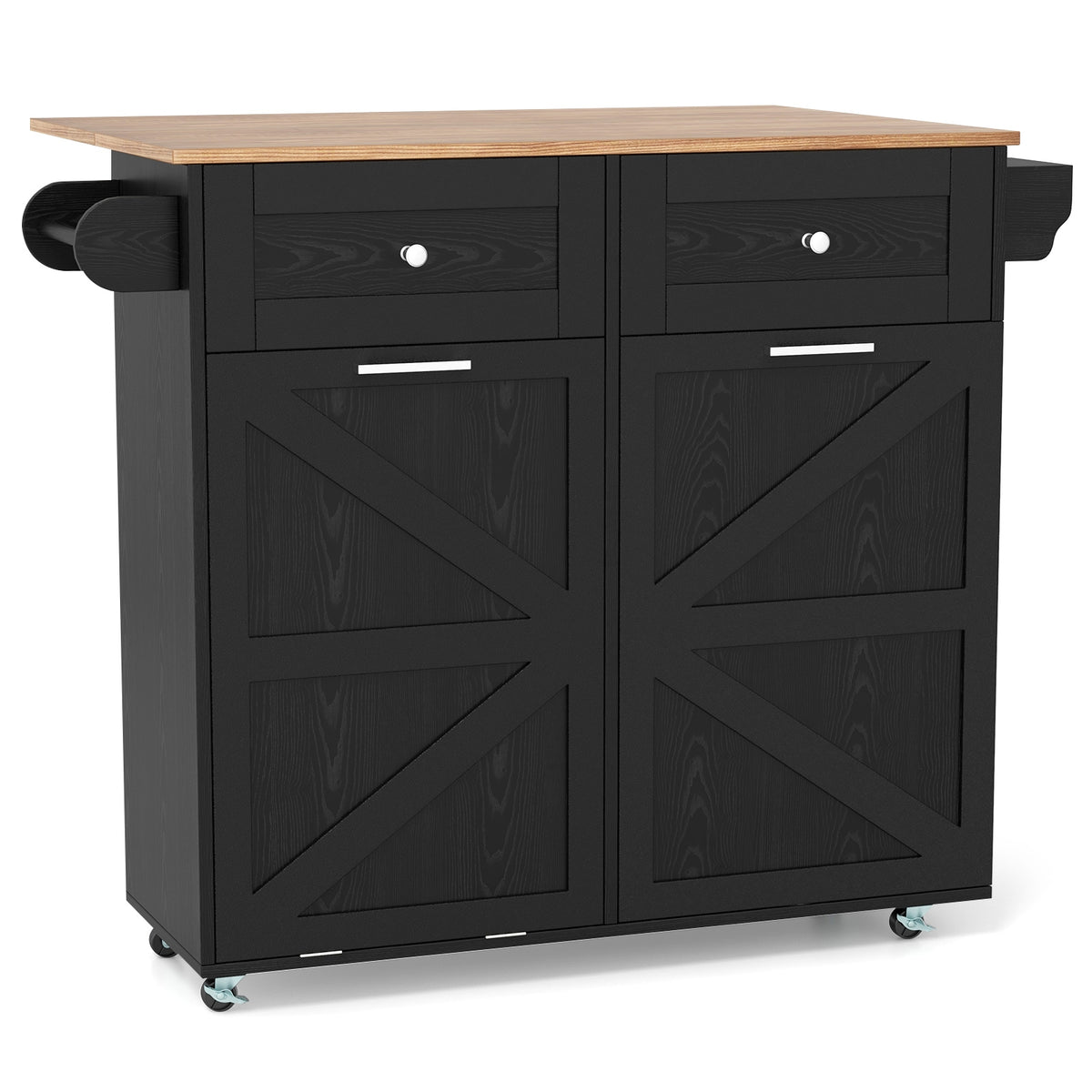 Rolling Kitchen Island with Trash Can Cabinet and Rubber Universal Wheels-Black-Kitchen Islands & Carts-DECOROLALA