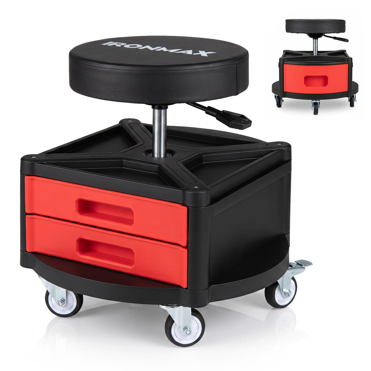 Rolling Mechanic Stool with Cushioned Seat & Dual Tool Trays 330 LBS-Red-Garages-DECOROLALA