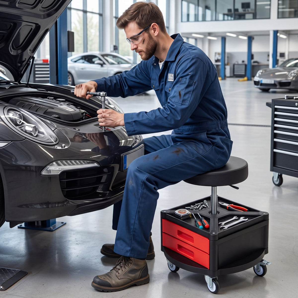 Rolling Mechanic Stool with Cushioned Seat & Dual Tool Trays 330 LBS-Red-Garages-DECOROLALA