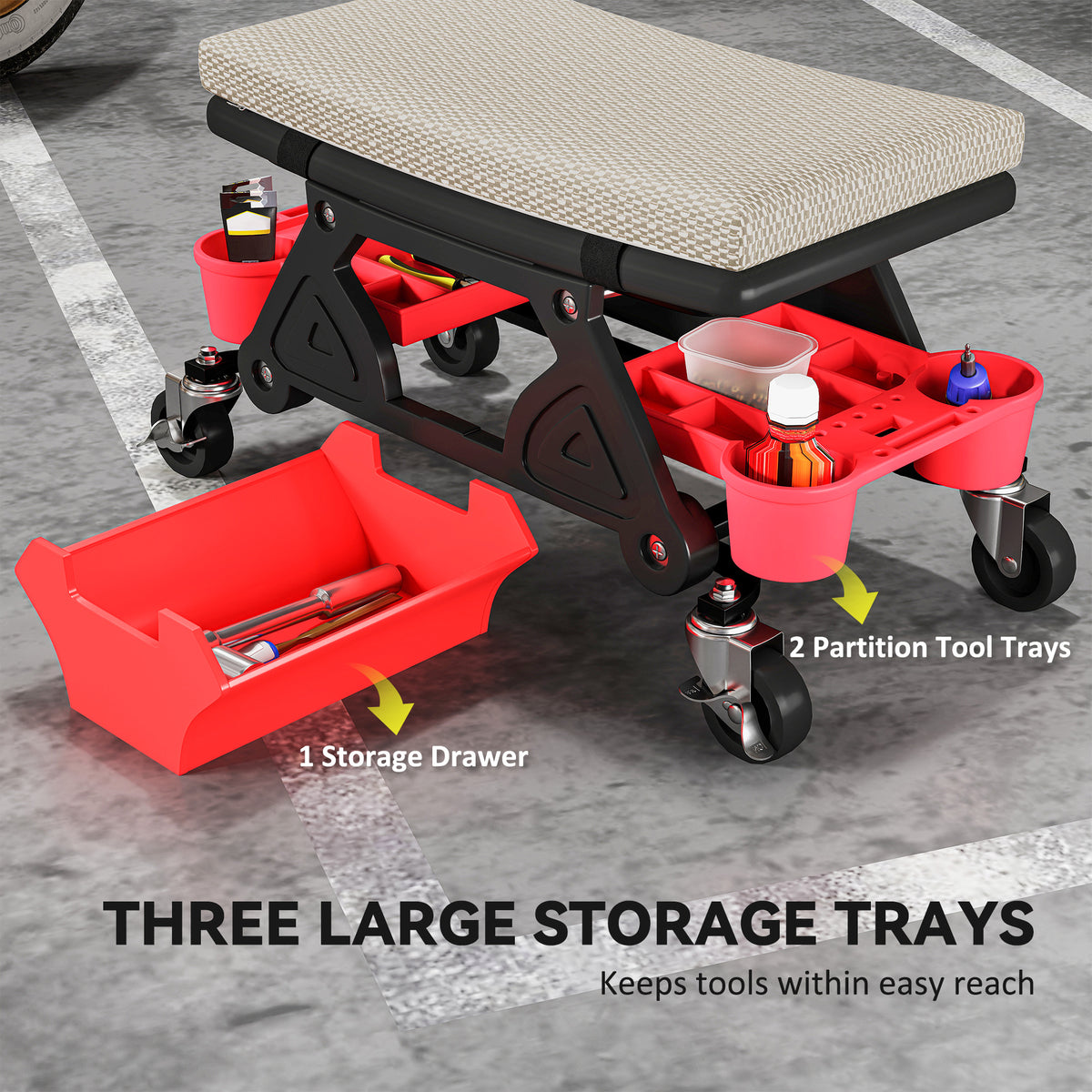 Rolling Mechanic Stool with Tool Trays & Drawer - Grey-Home Improvement > Tools-DECOROLALA