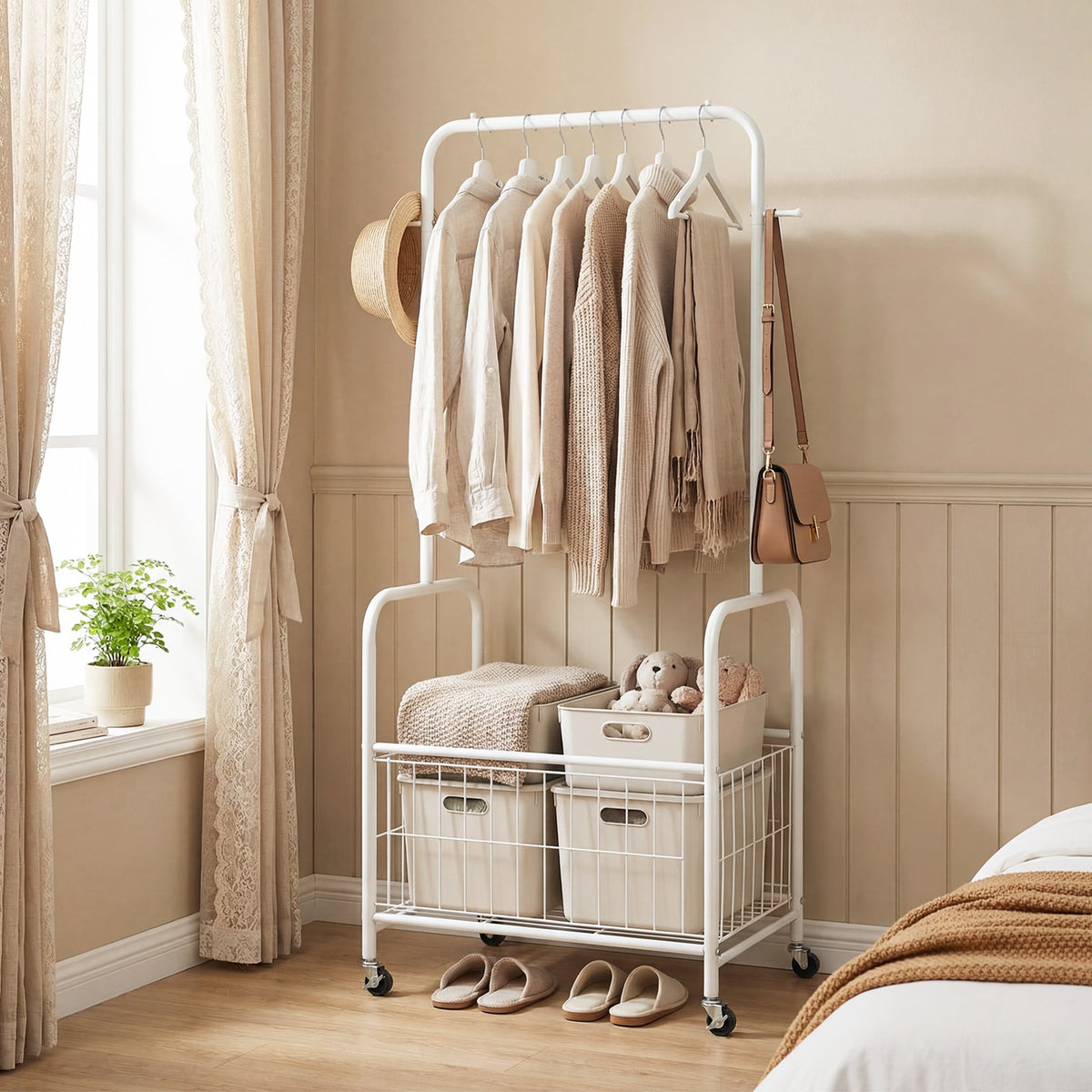 Rolling Metal Clothes Rack with Hanging Rod and Storage Basket-White-Clothing & Closet Storage-DECOROLALA