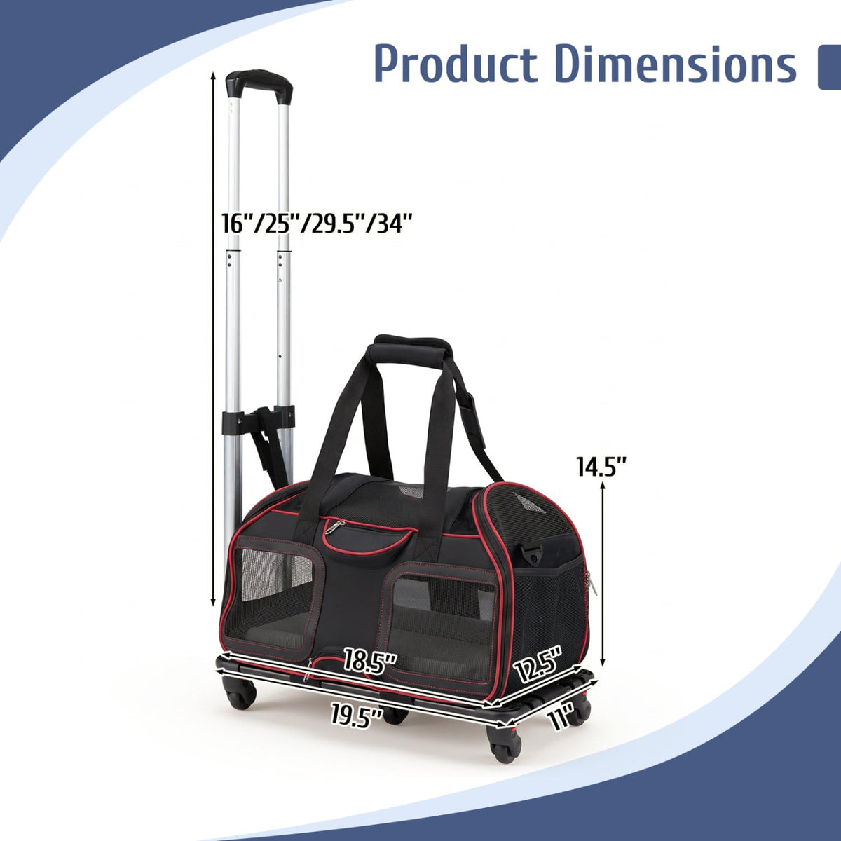 Rolling Pet Carrier with Wheels & Telescopic Handle and Mesh Windows for Pets-Red-Dog Supplies-DECOROLALA
