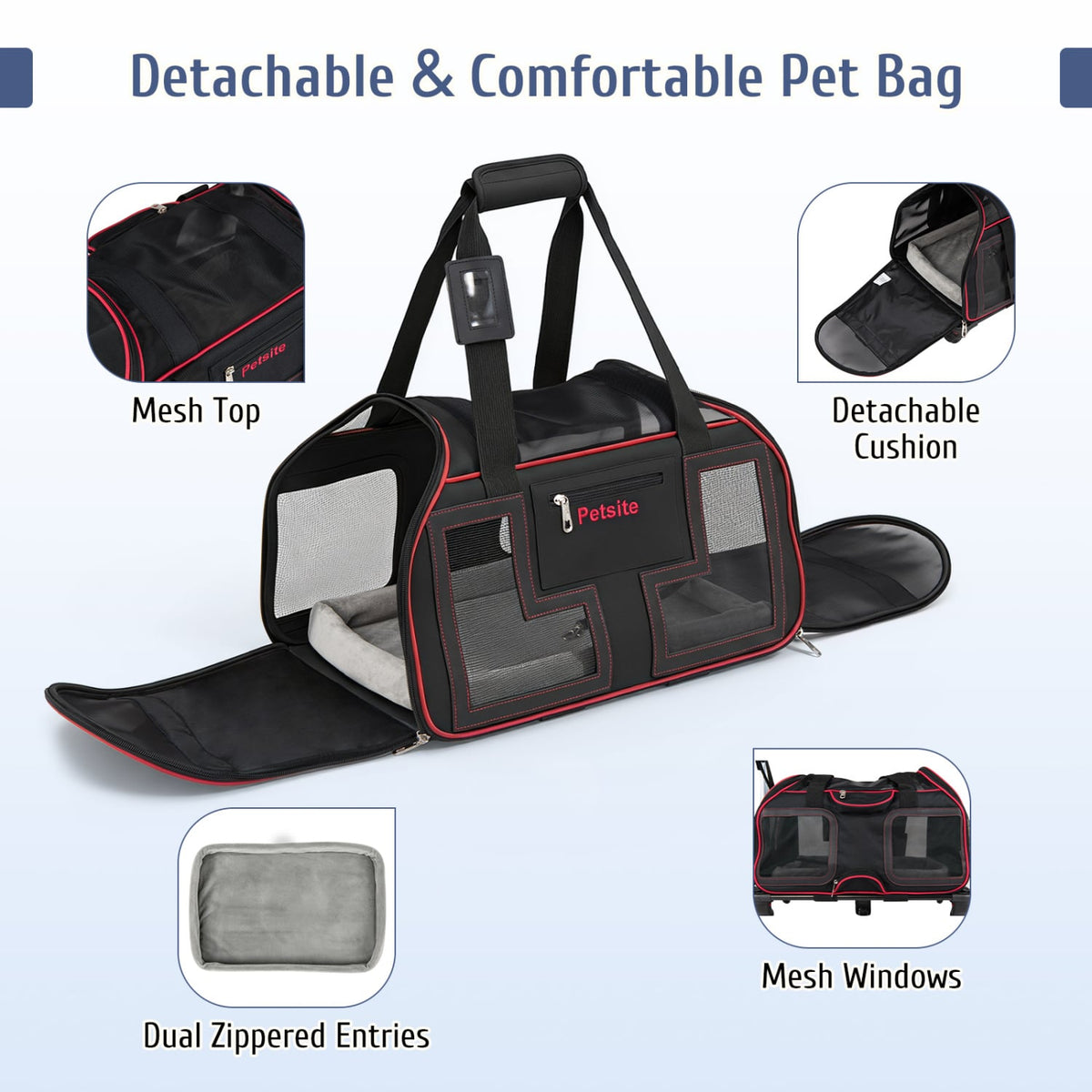 Rolling Pet Carrier with Wheels & Telescopic Handle and Mesh Windows for Pets-Red-Dog Supplies-DECOROLALA