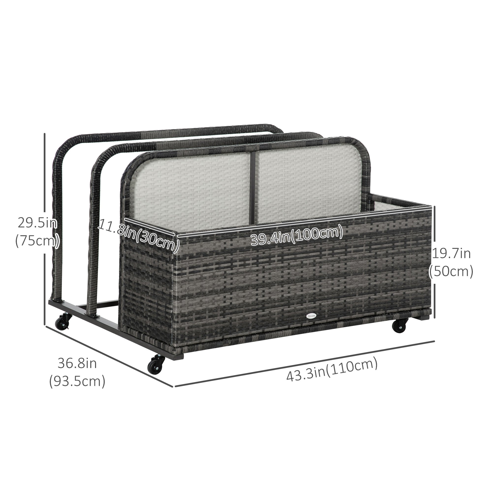 Rolling Rattan Pool Storage Organizer - Grey PE Wicker 43" L-DECOROLALA