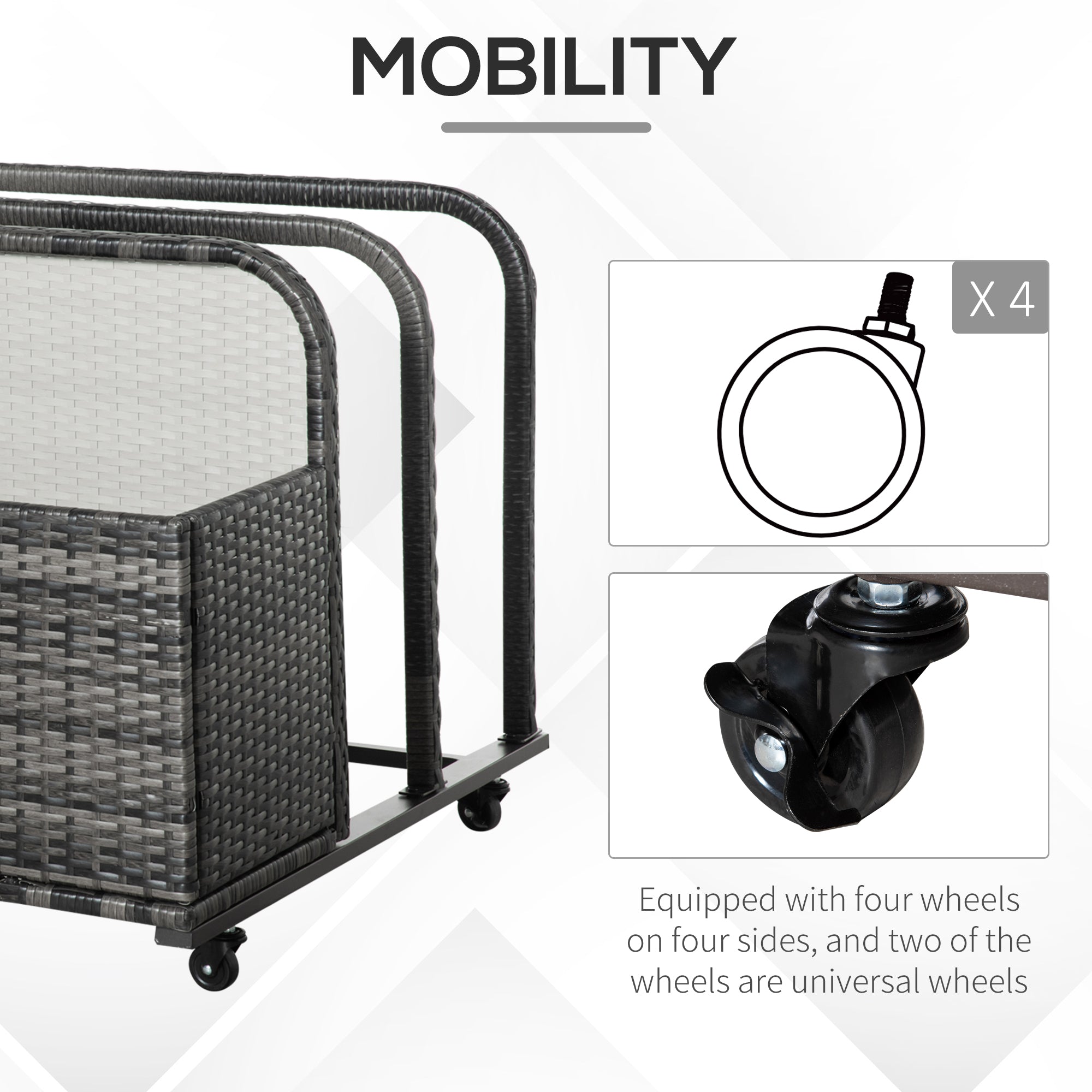 Rolling Rattan Pool Storage Organizer - Grey PE Wicker 43" L-DECOROLALA