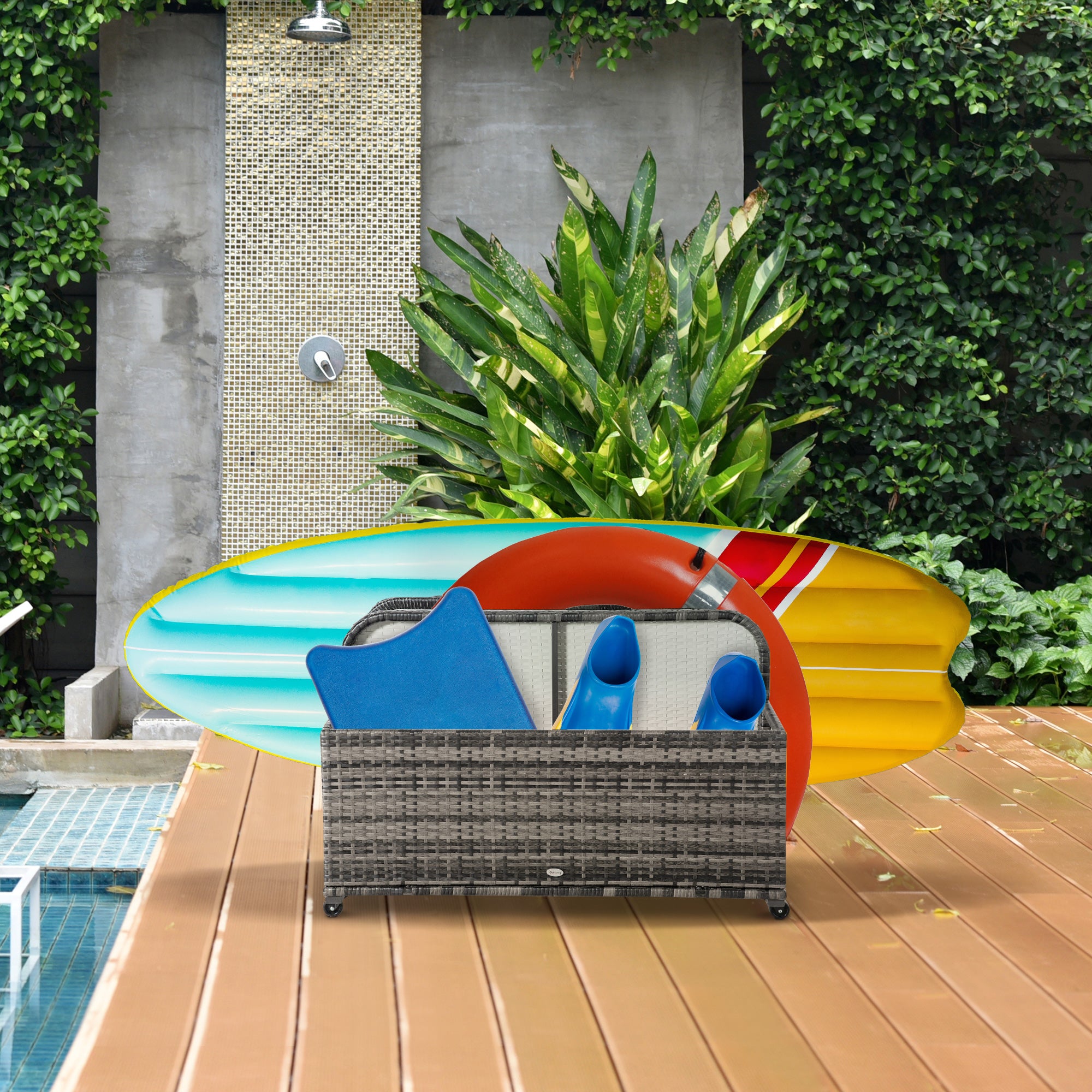 Rolling Rattan Pool Storage Organizer - Grey PE Wicker 43" L-DECOROLALA