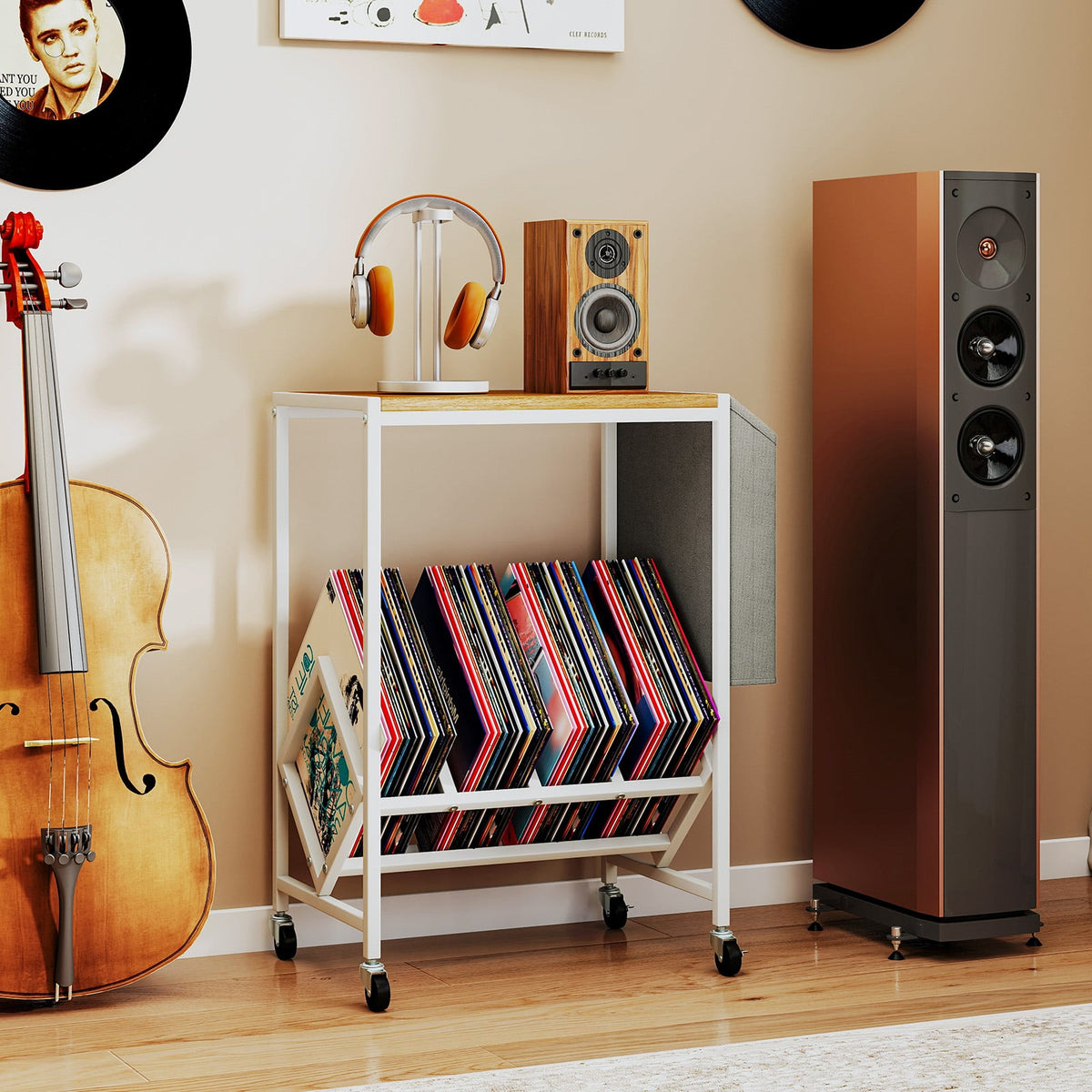 Rolling Record Player Stand 2-Tier with Vinyl Storage and Magazine Holder Bag-Natural-End & Side Tables-DECOROLALA